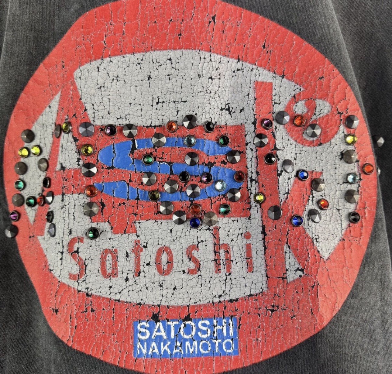 Satoshi Nakamoto – Rhinestone Cracked Print Oversized T-Shirt Size: S Fits M/L