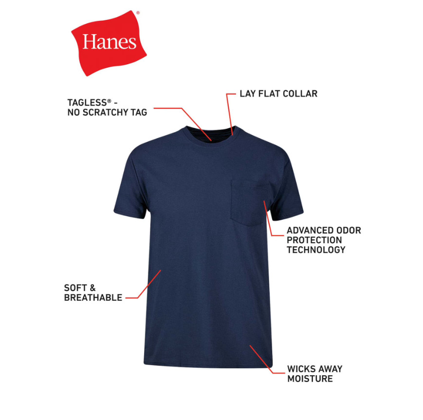 Hanes 6-Pack Pocket Tee Men’s T-Shirt Soft and Breathable Assorted