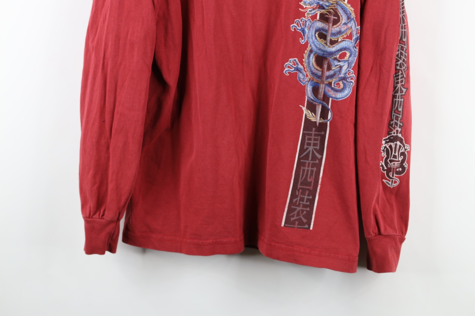 Vintage 90s Streetwear Mens Small Faded Chinese Dragon Long Sleeve T-Shirt Red
