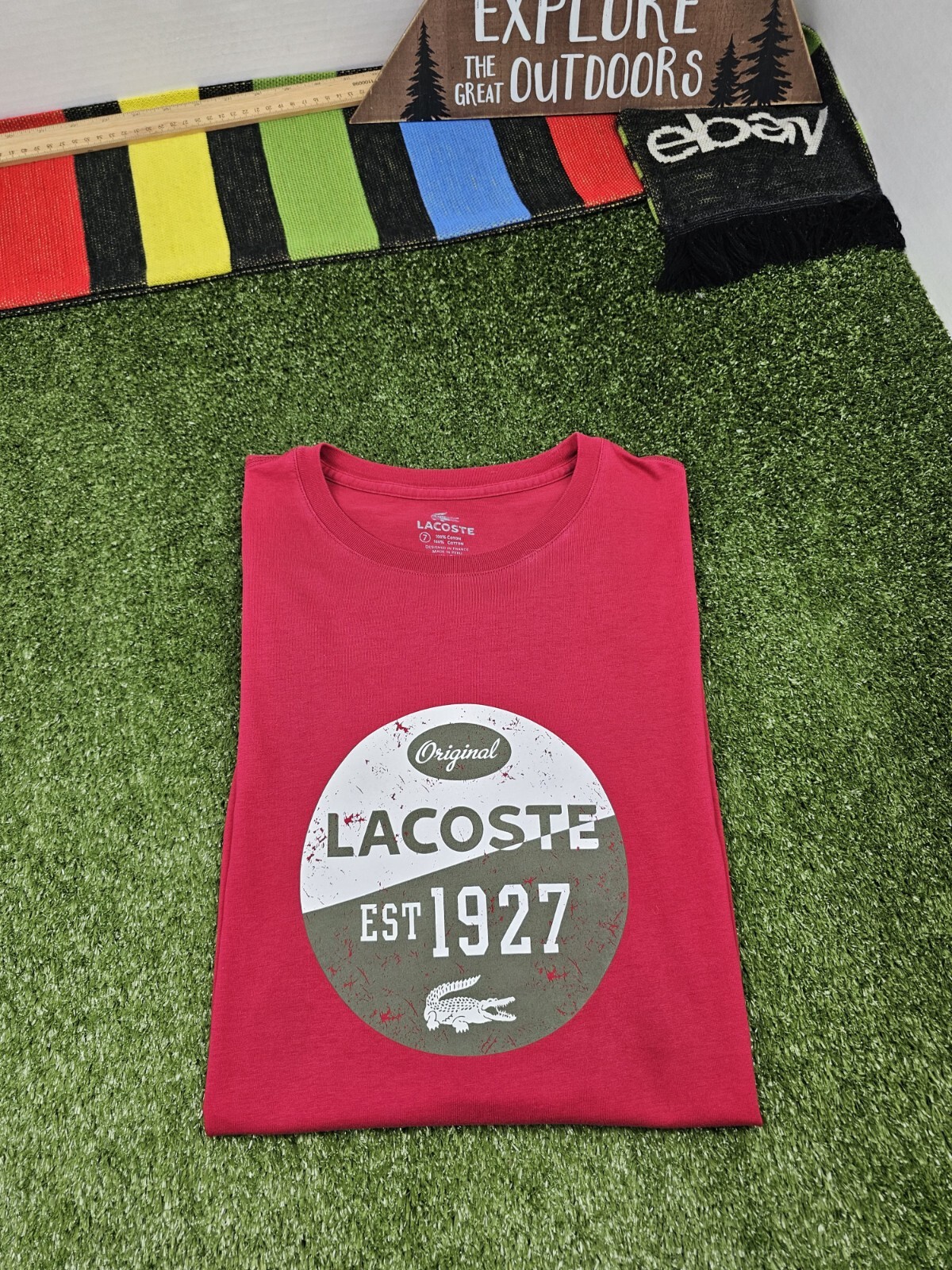 Lacoste men crewneck graphic tshirt size L 7 red vintage style logo cotton peru