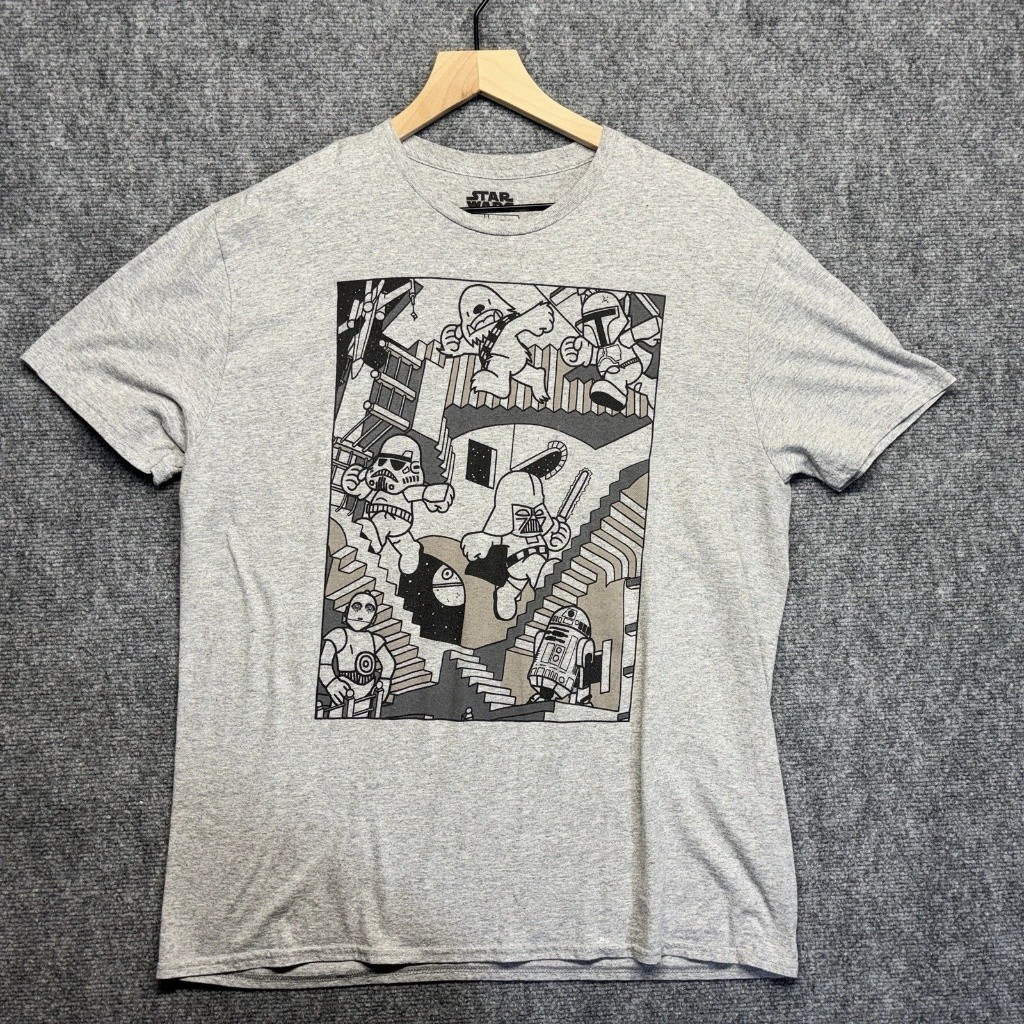 Star Wars Escher Stairs T-Shirt Vader Stormtrooper R2-D2 Grey Graphic Tee Shirt