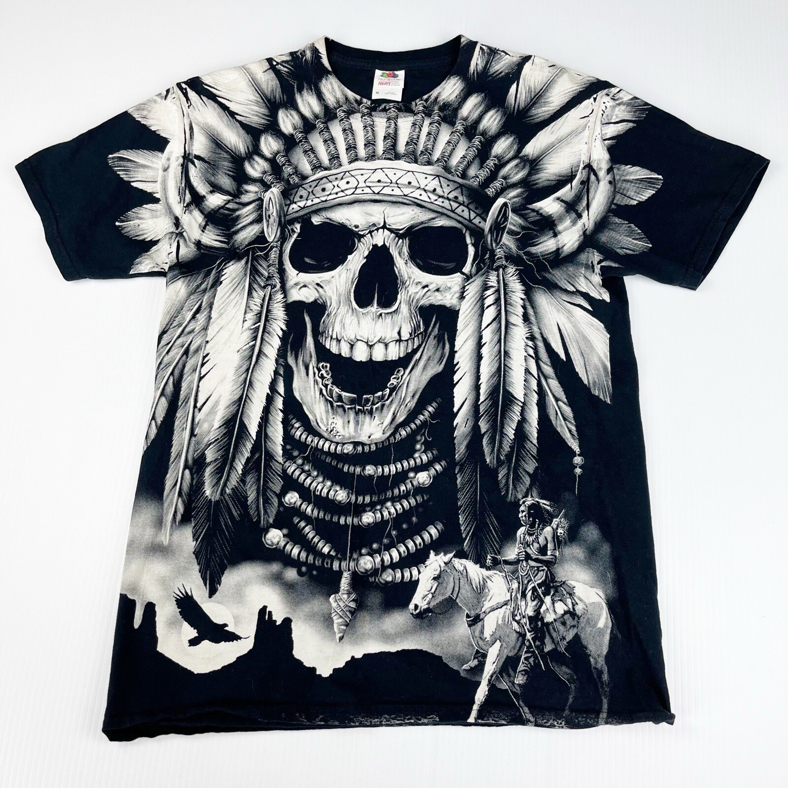 Native American Indian Skull Skeleton Headdress Graphic T Shirt Top Mens M
