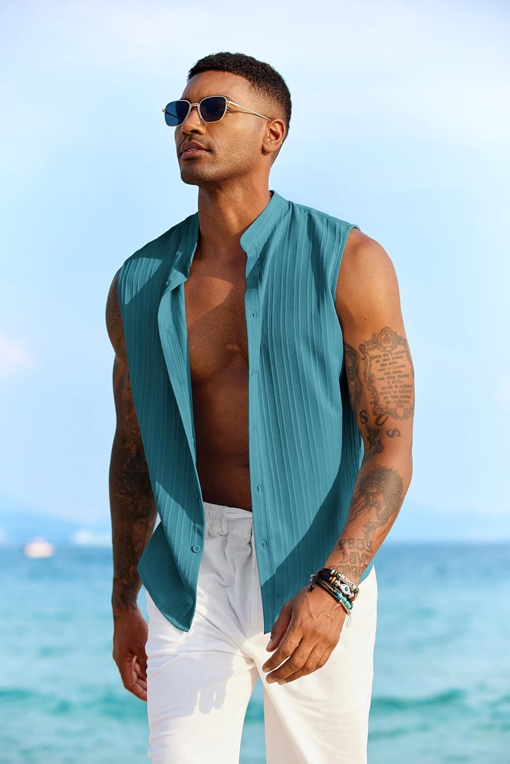 Mens Sleeveless Summer Shirts Beach Tank Tops Button Up Tank Shirt for Vacation