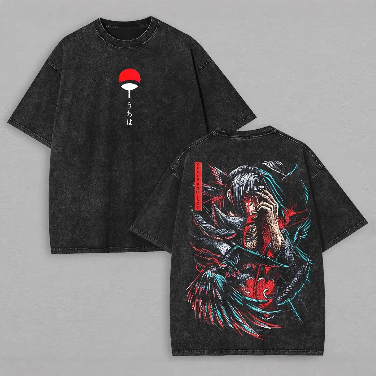 Vintage Washed Black Itachi Uchiha Graphic T Shirt Men Women Oversized Retro