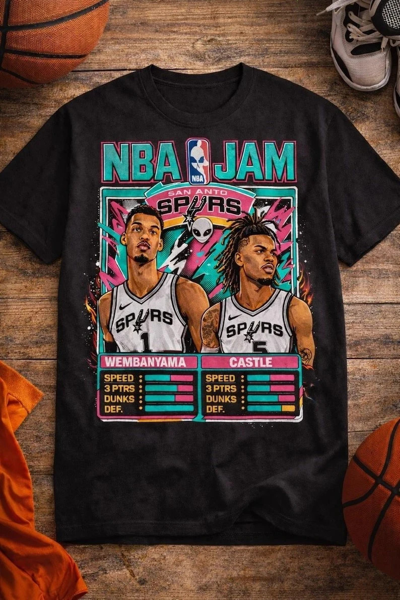 NBA Jam Spurs Retro Roster T-Shirt | Wembanyama Castle Arcade Poster Tee