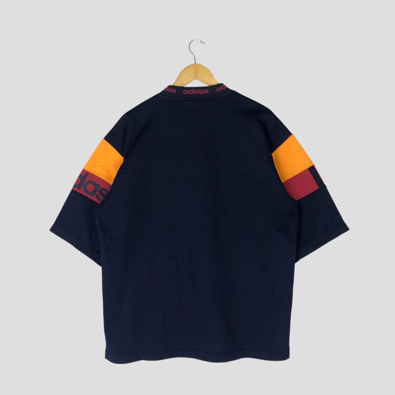 Vintage 90s Adidas Trefoil Jersey Tee – Large Colourblock V Neck