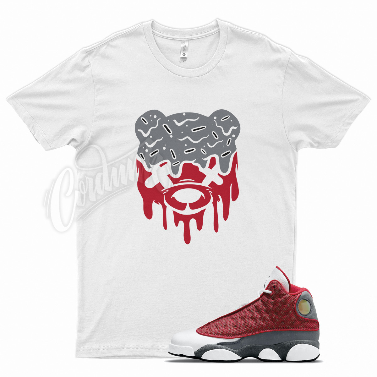 White DRIPPY T Shirt for J1 13 Gym Red Flint Grey