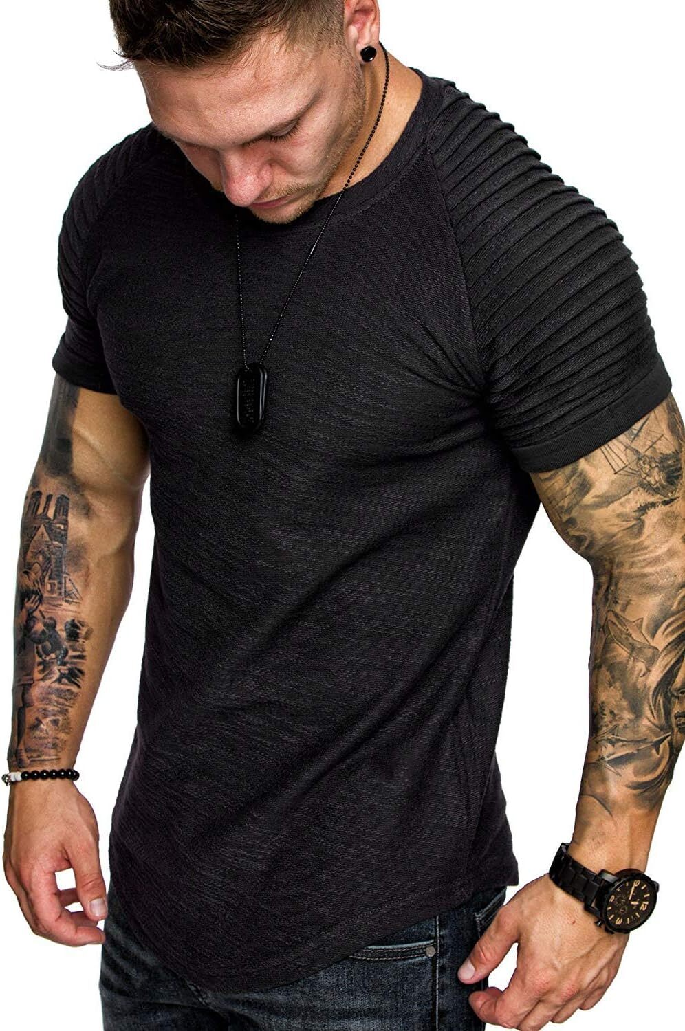 COOFANDY Men’s Muscle T-Shirt Pleated Raglan Sleeve Bodybuilding Large, Black
