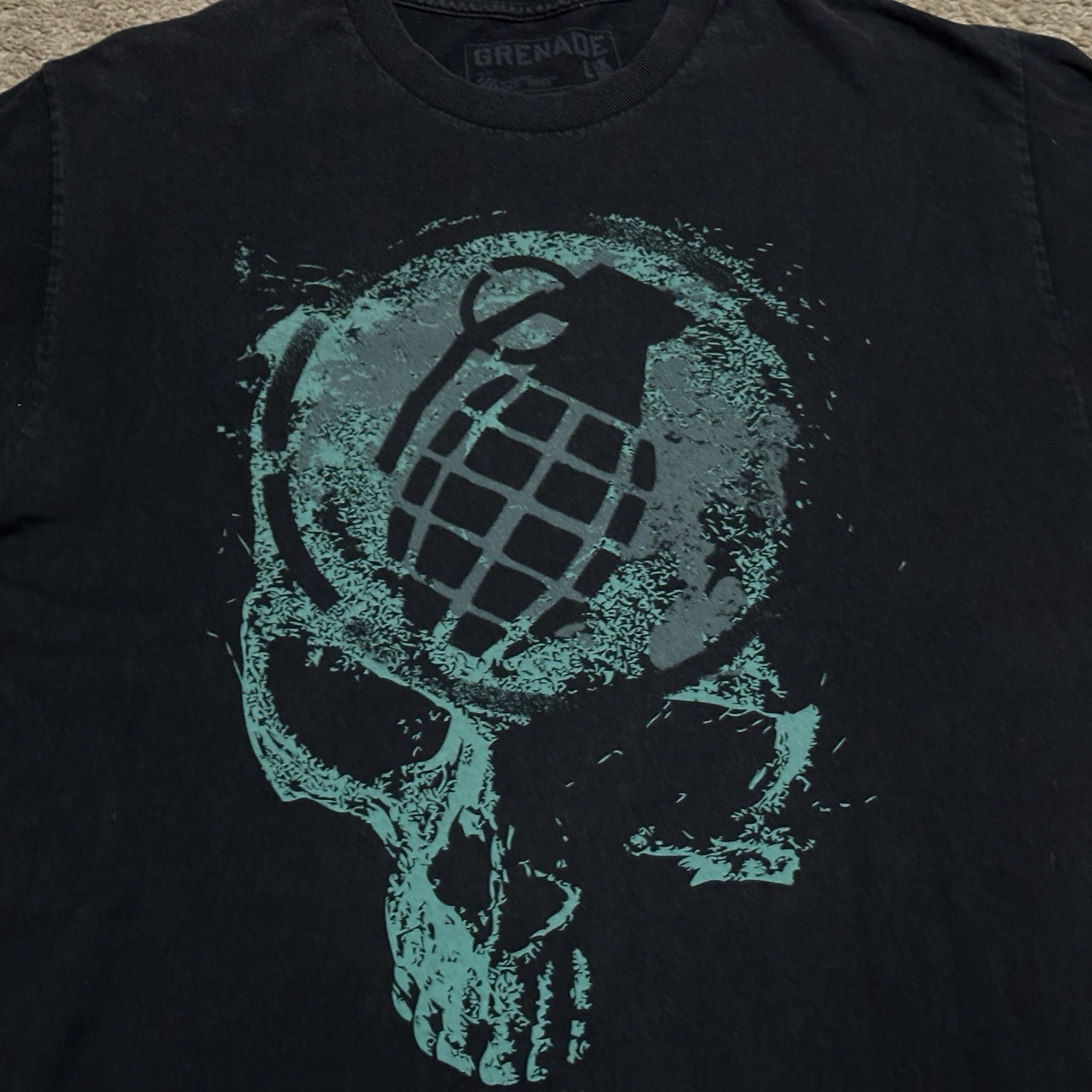 Grenade Skateboard Shirt Mens Large Skull Grunge Skater Short Sleeve Y2K Black