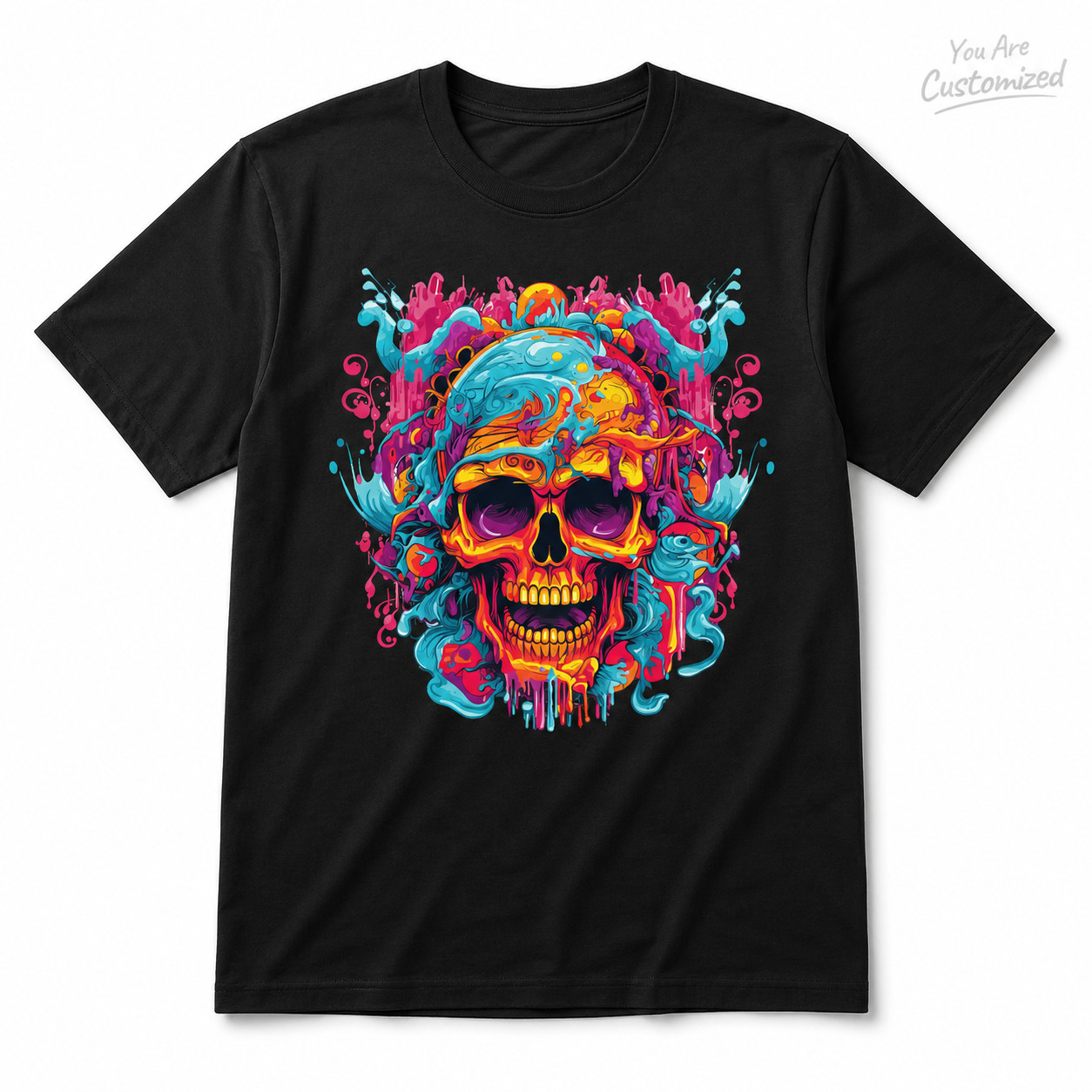 Colorful Skull Graphic T-Shirt Black or White Unisex Streetwear Art Tee