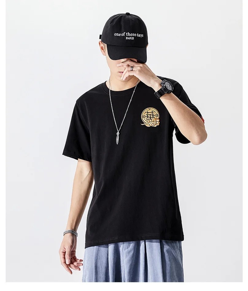 Men Embroidered Dragon T Shirt Chinese Style Streetwear Crew Neck Summer Tee Top