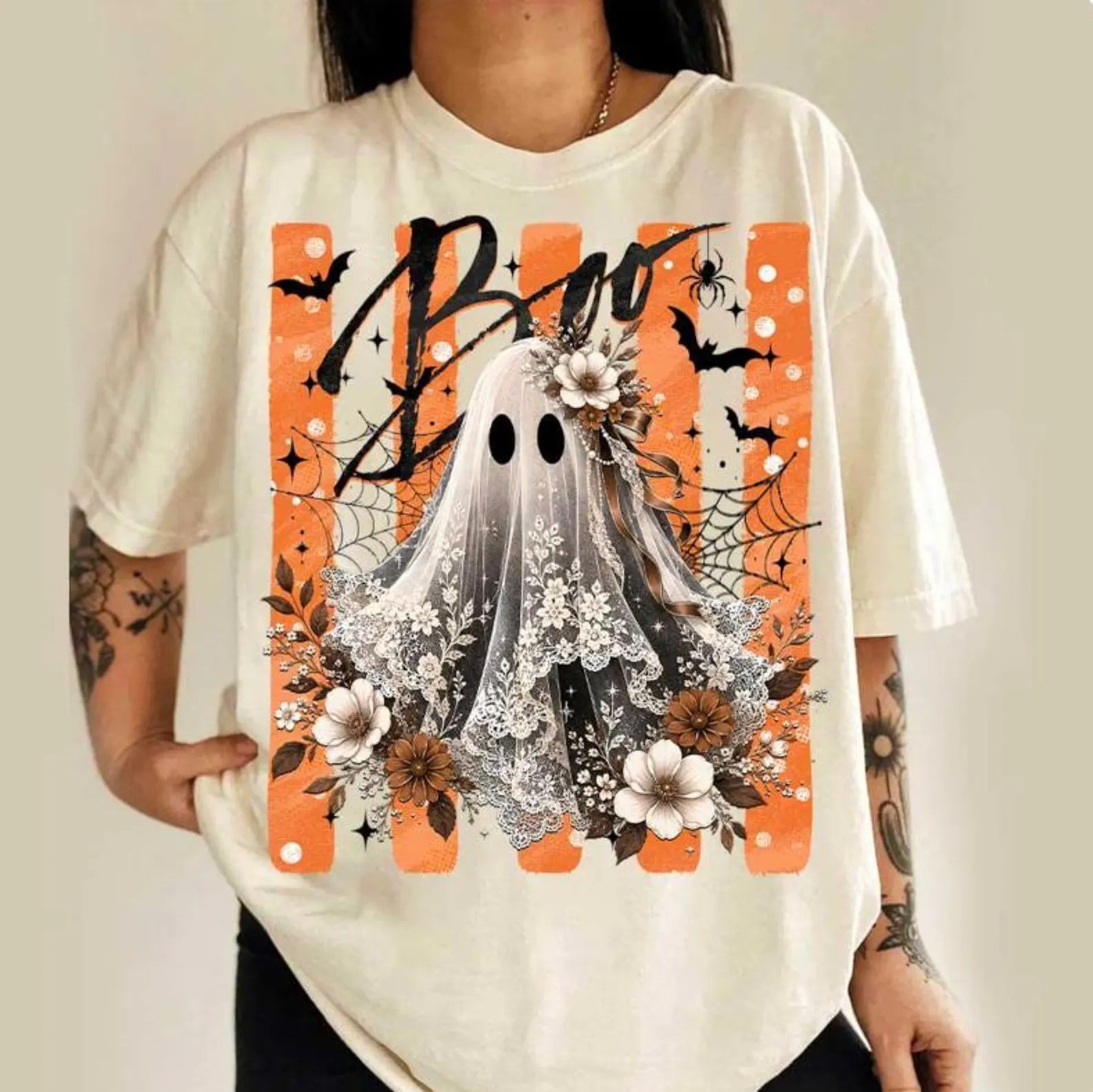 Comfort Colors Spooky Season Ghost Boo Striped Coquette Halloween T-Shirt