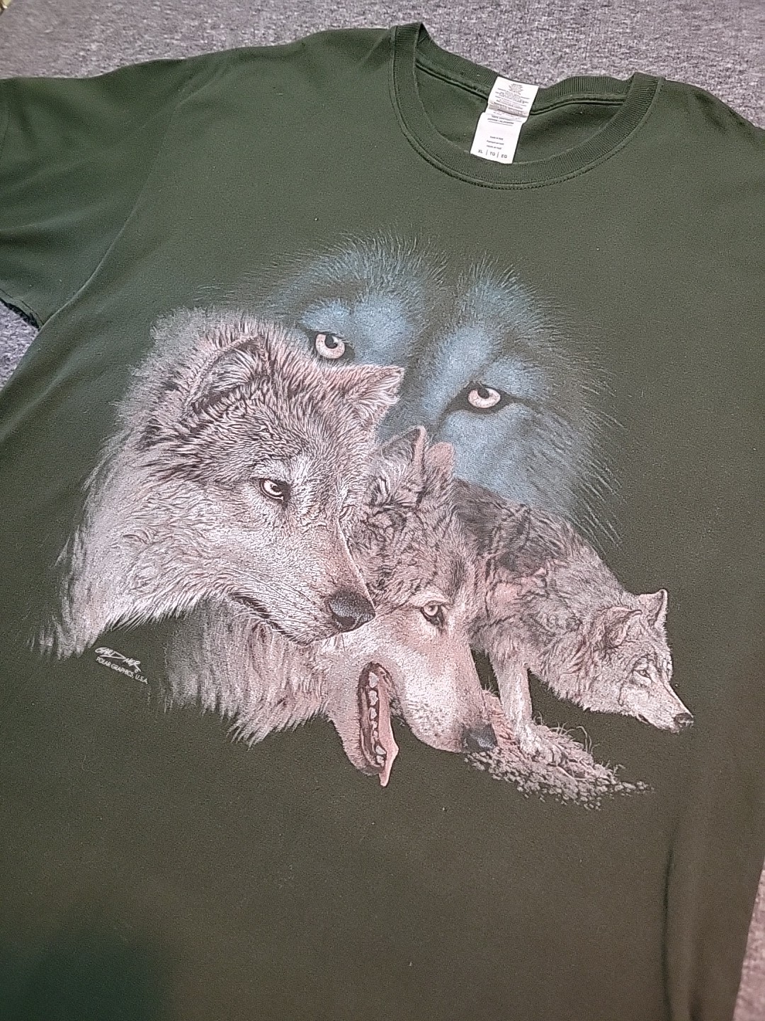 Vntg 90s Wolf Sz XL Nature T Shirt Wolves Green Polar Graphics USA Alaska Gildan