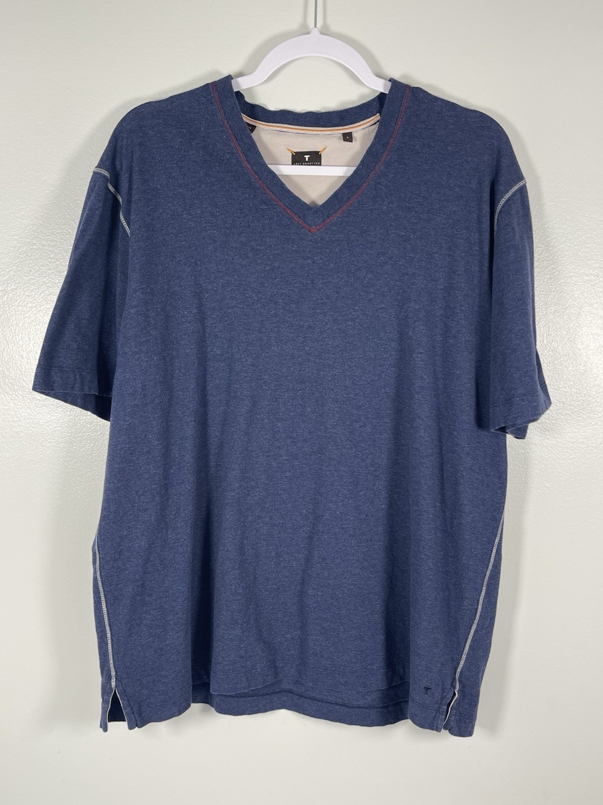 Left Coast Tee Short Sleeve V Neck Mens Large Blue 100% Cotton