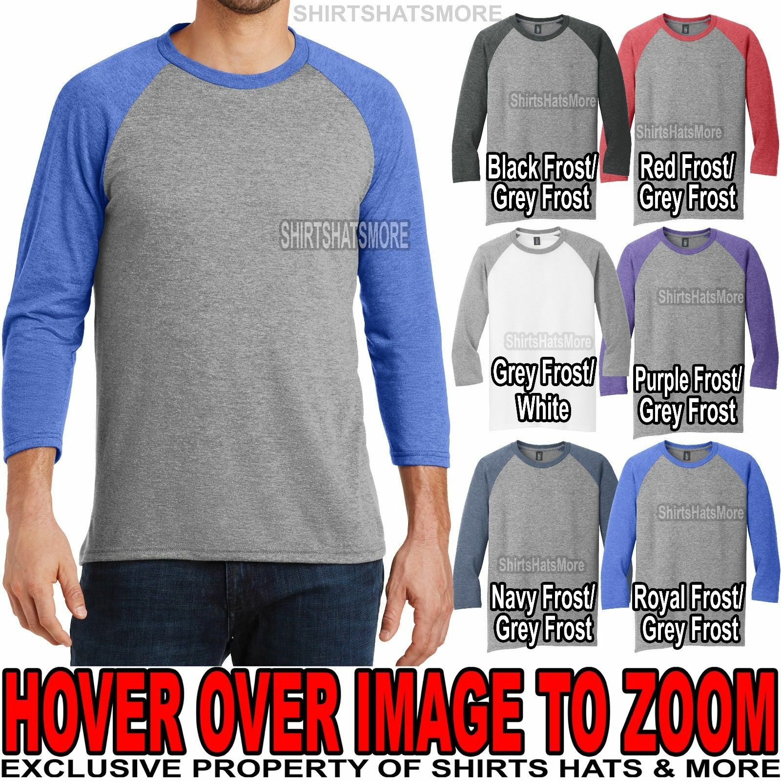 Mens Raglan Tri Blend 3/4 Sleeve Baseball T-Shirt Plain Tee S-XL 2XL,3XL,4XL NEW