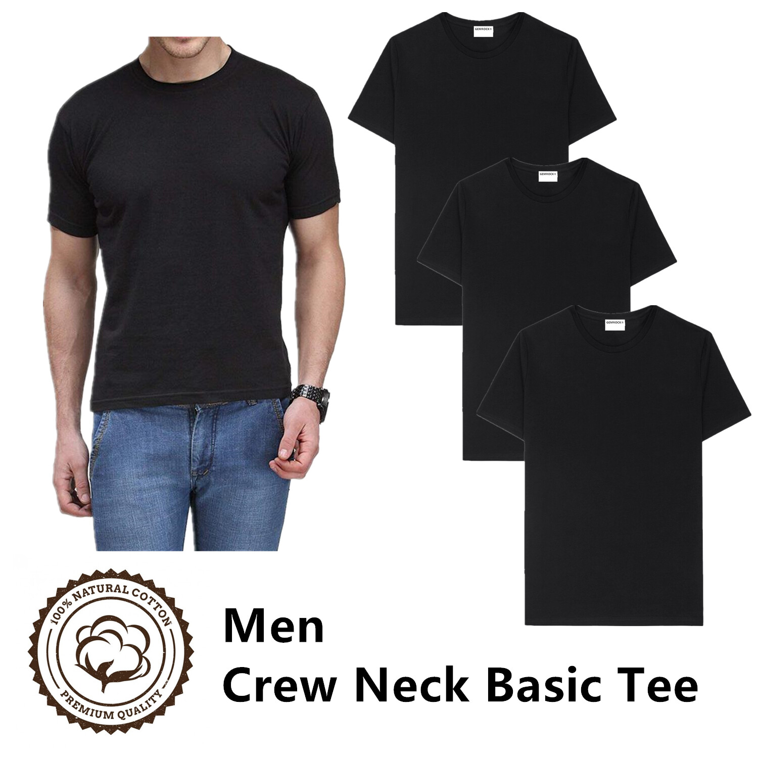 Gemrock Men 100% Cotton Crew Neck T Shirt Solid Black Short Sleeve Tee S-4XL lot
