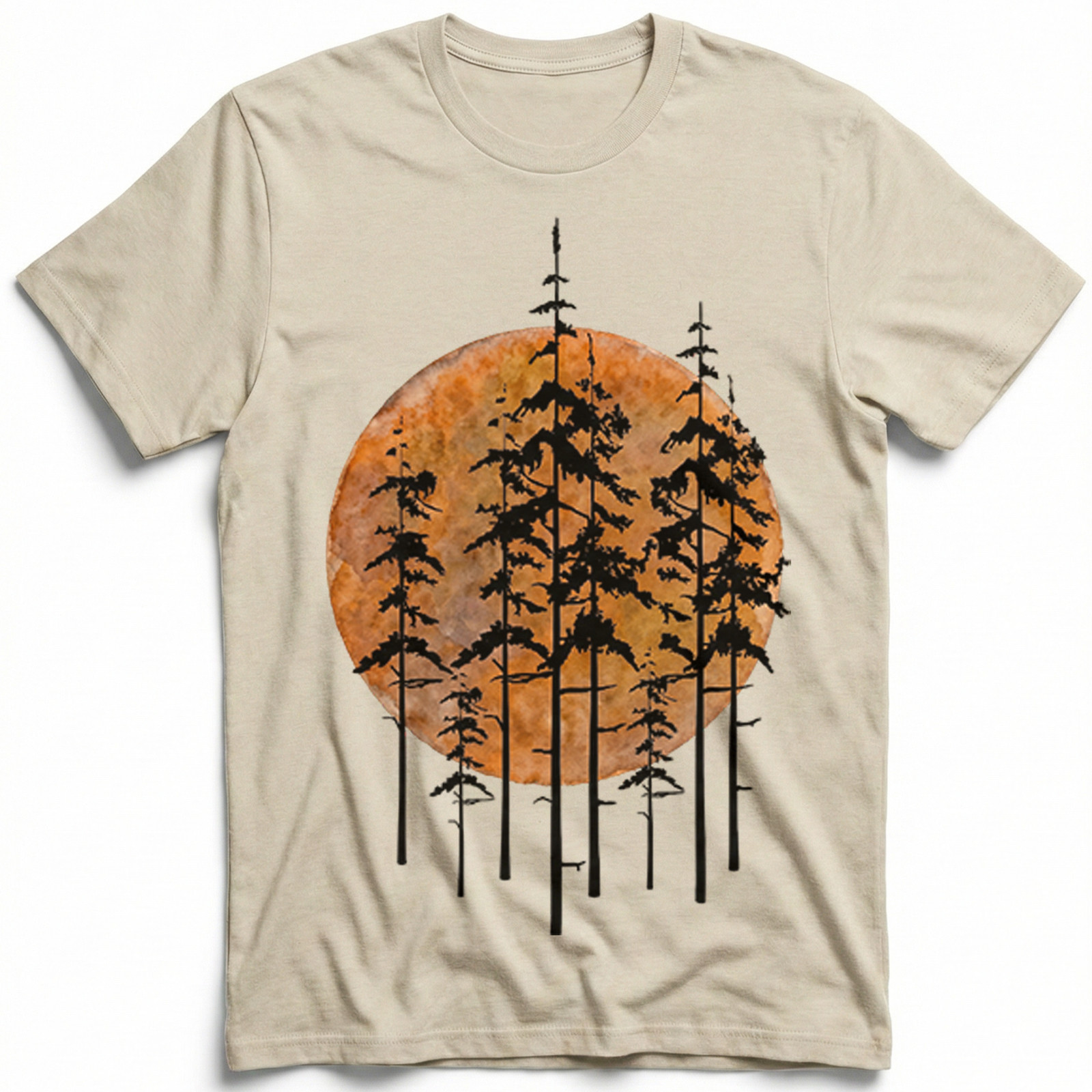 Pine Trees Orange Sky Moon T-Shirt Watercolor Forest Nature Wilderness Hiking Te