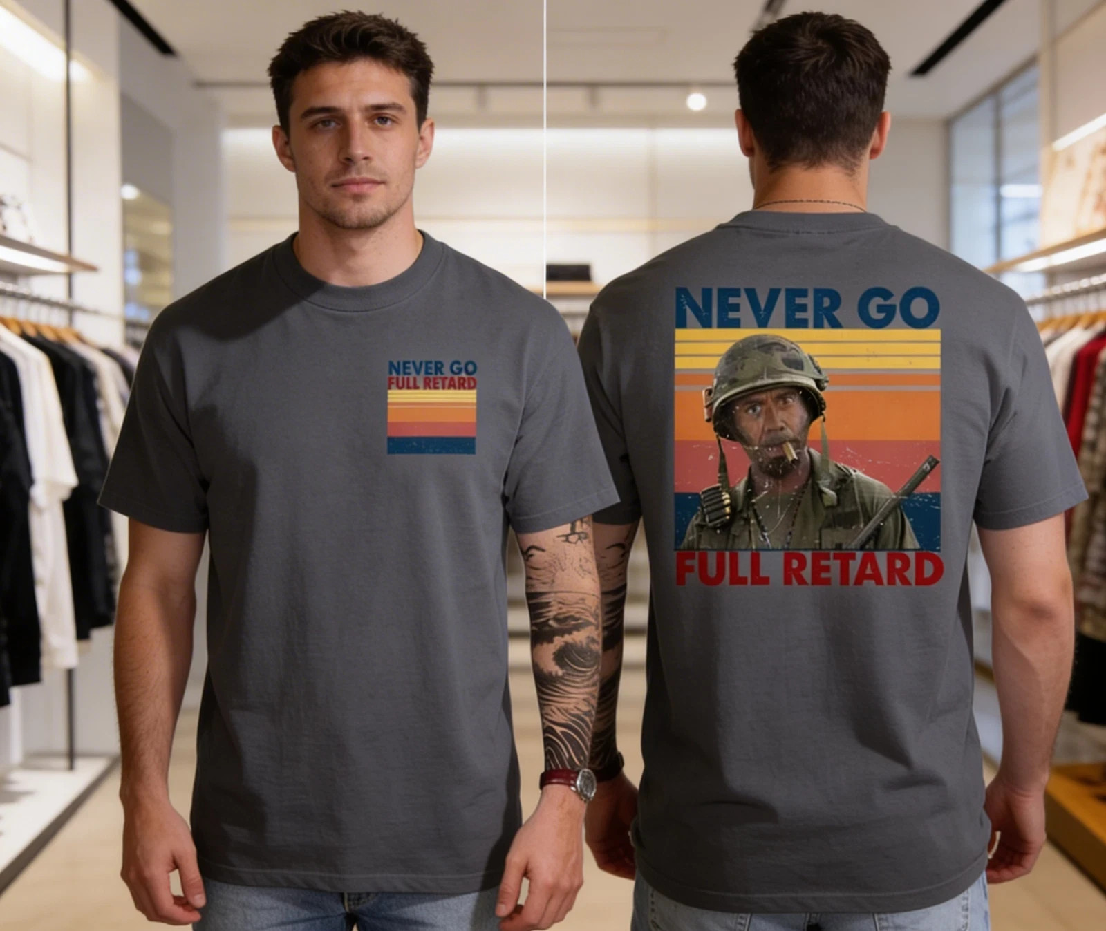 2025 Tropic Thunder Meme T-Shirt Never Go Full Retro Tee Size S-5XL HM1674
