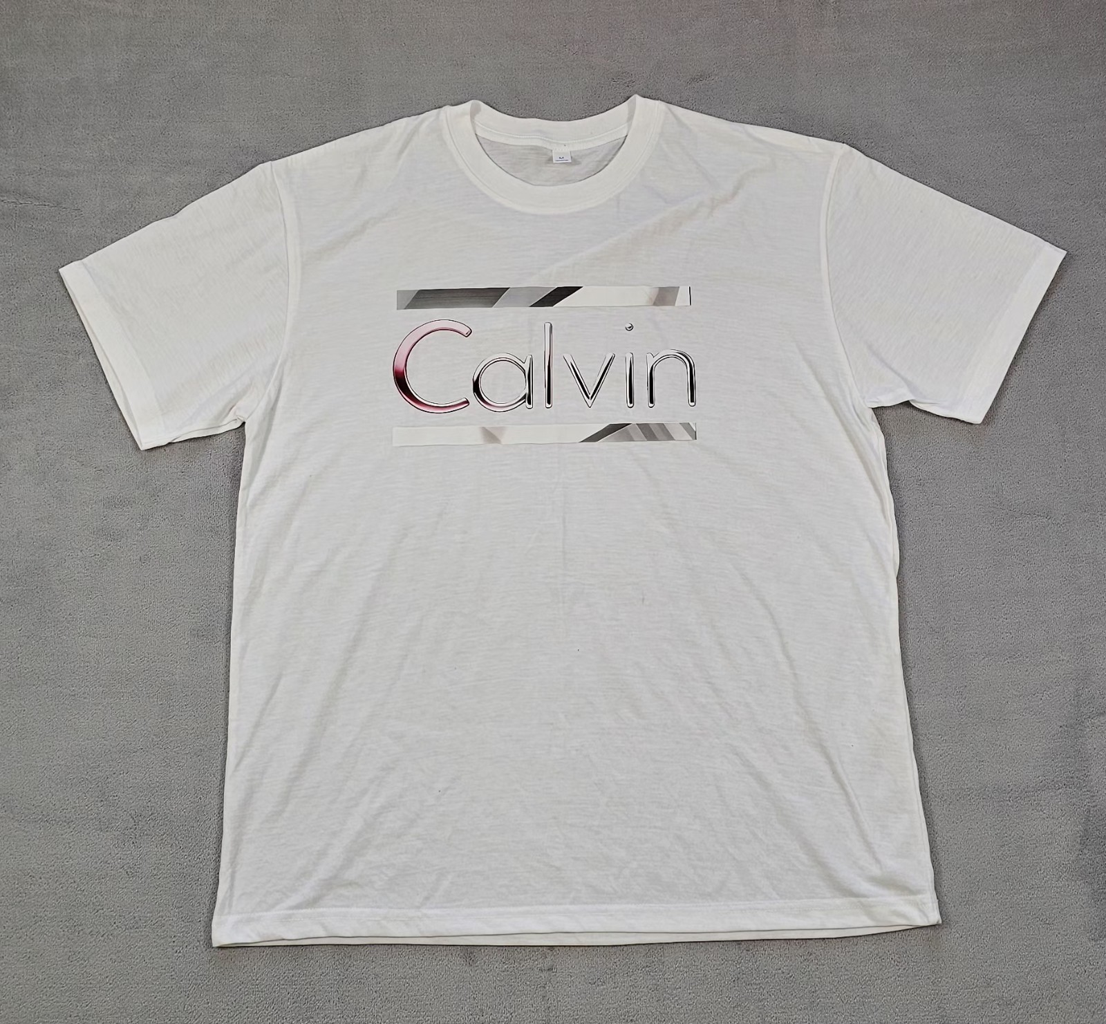 Men’s Calvin Style T-Shirt White Graphic Logo Tee Size M 100% Cotton Casual