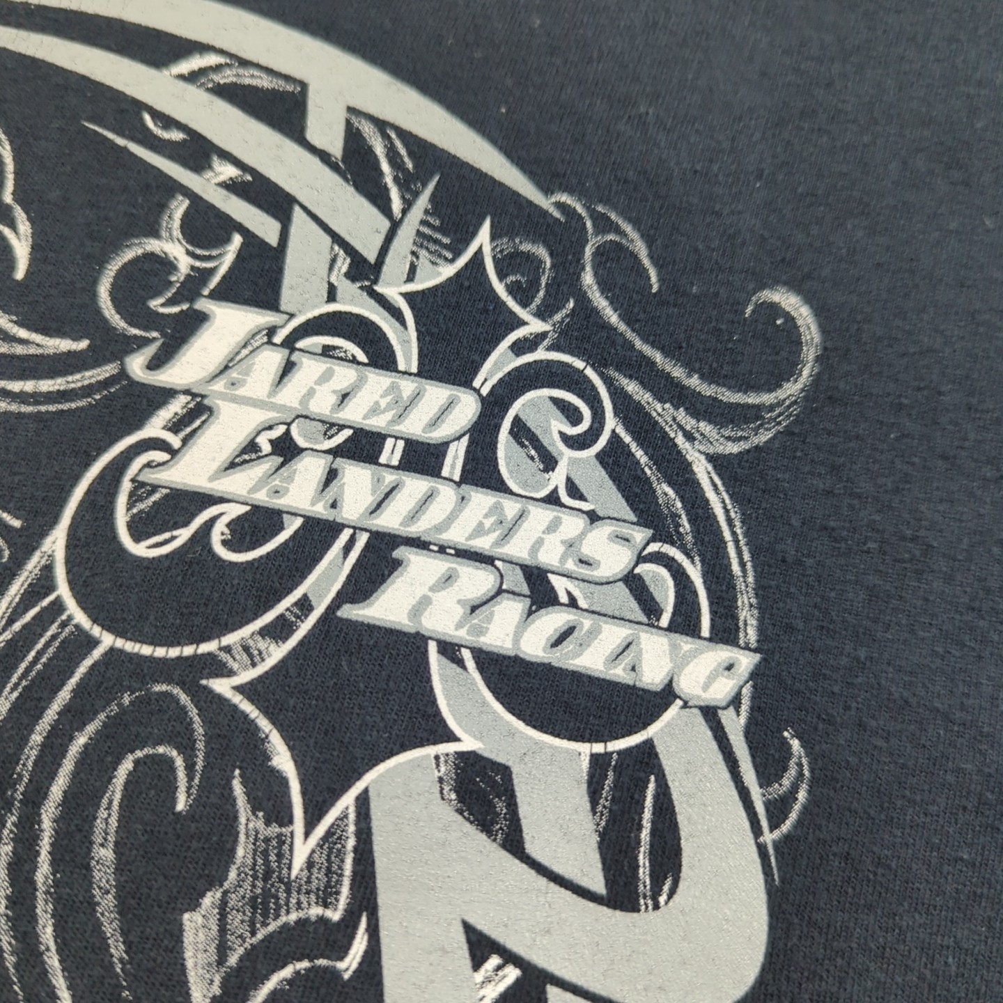 VTG Y2K T Shirt Mens L Black Tribal Fleur Graphic Jared Landers Racing Tribal