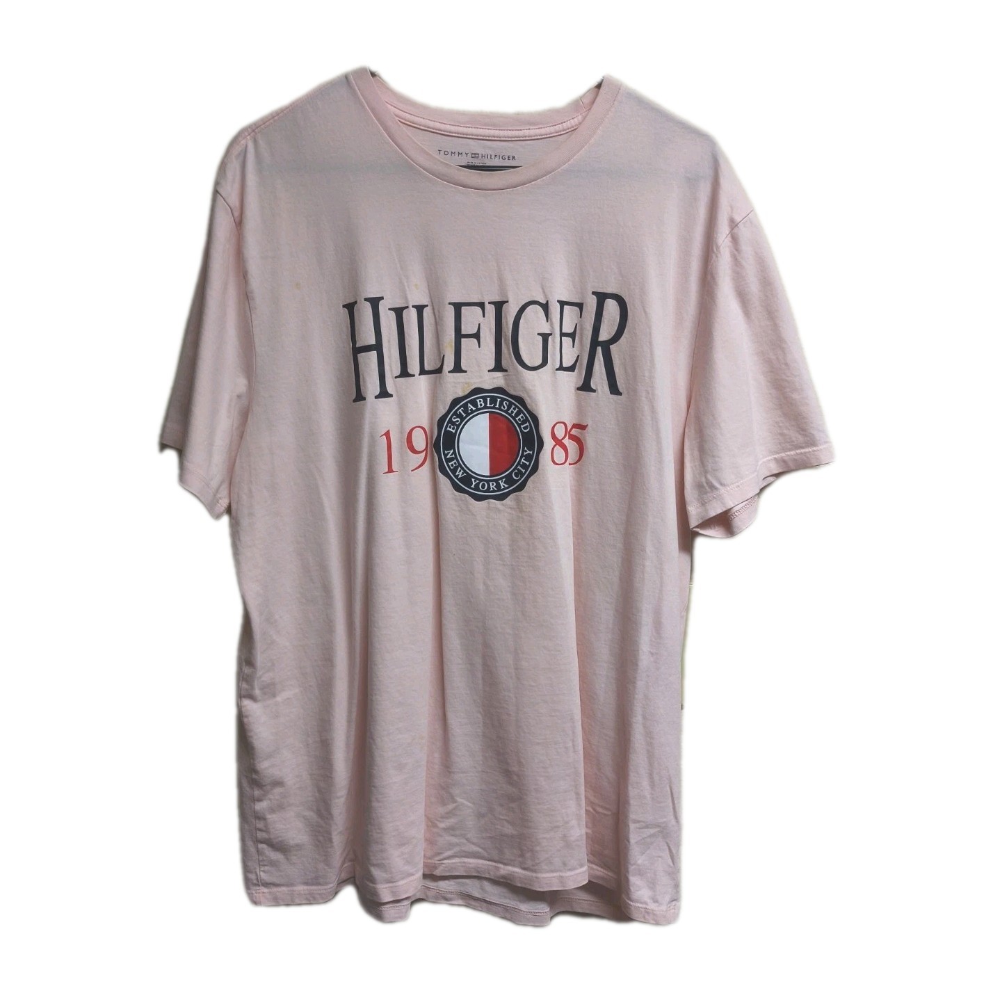 VTG Tommy Hilfiger Logo Shirt Pink Navy Blue Red “Established In 1985” Size XL*