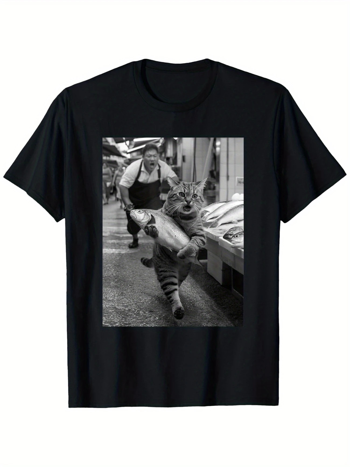 Funny Cat Steals Fish Market Black & White Meme T-Shirt | Unisex | 100% Cotton