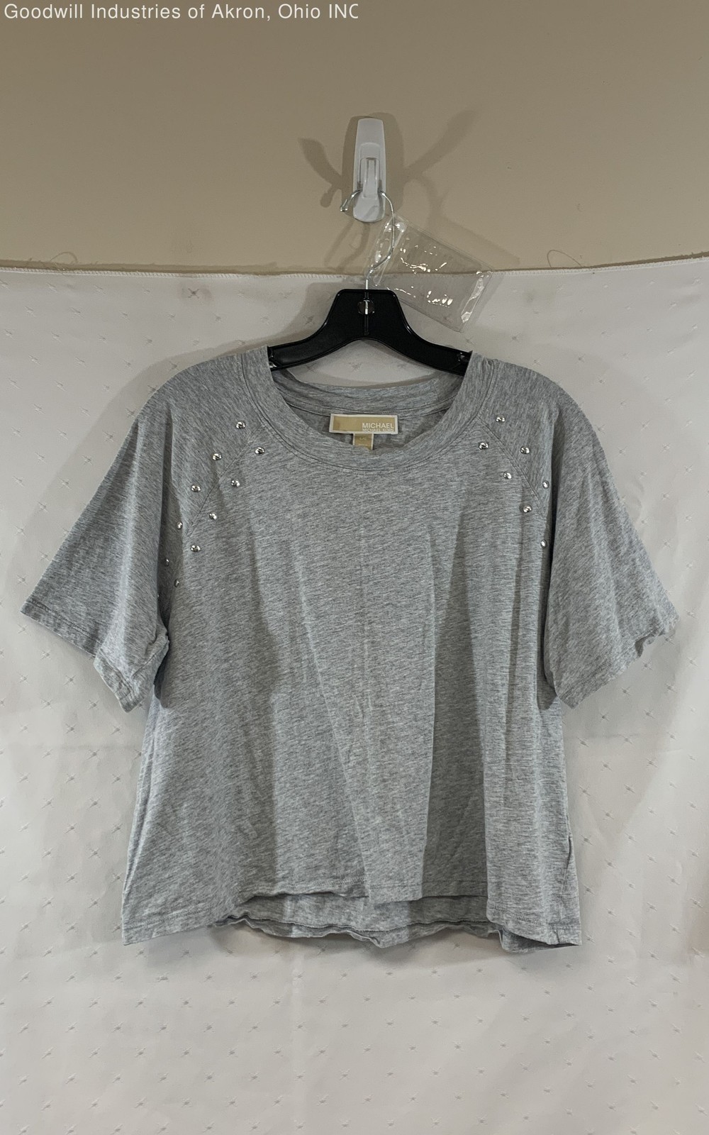 Michael Kors Women’s T-Shirt Gray Heather Studded Shoulder Short Sleeve Size L