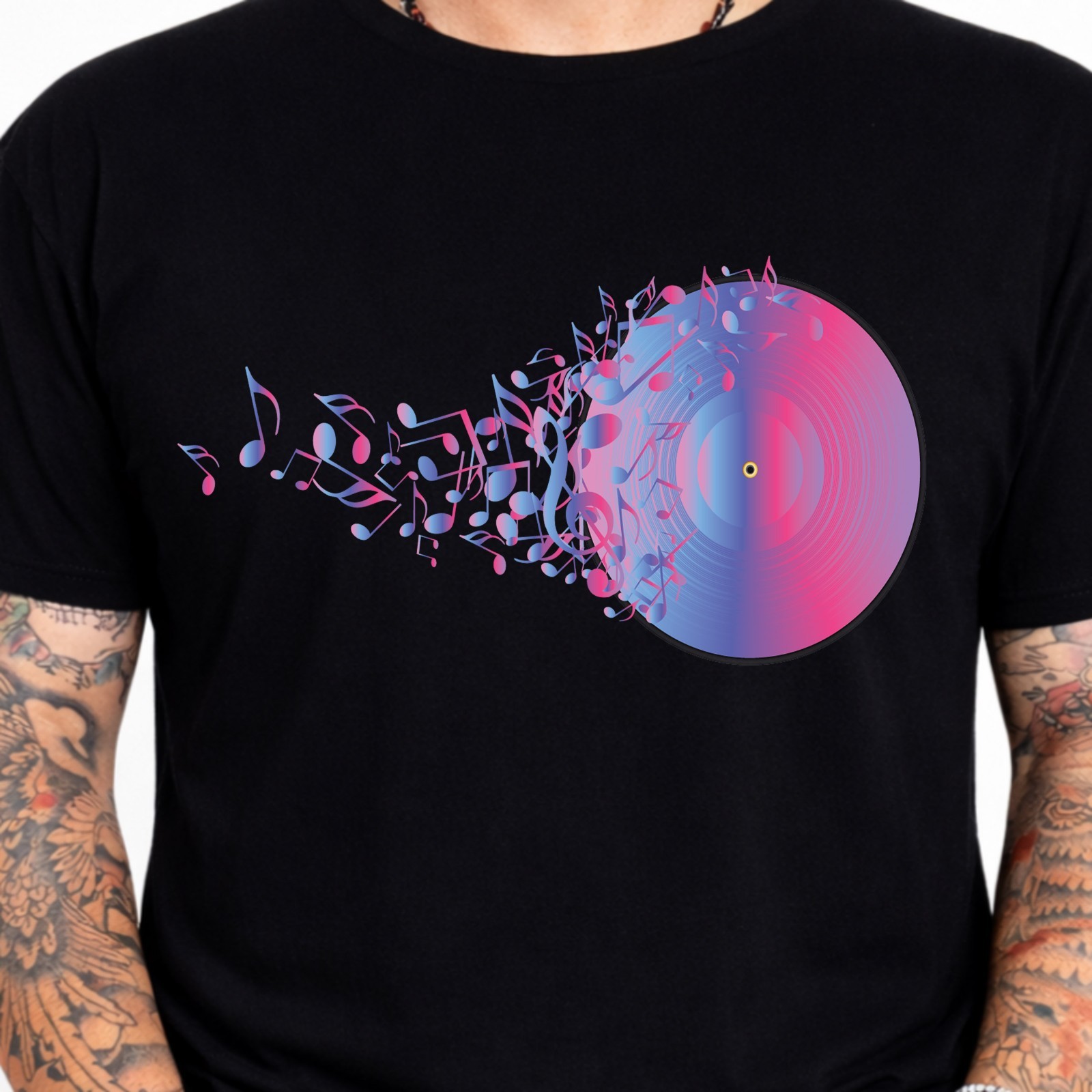 Vinyl Record T-Shirt Music Notes Retro DJ Vintage Colorful Musician Tee .