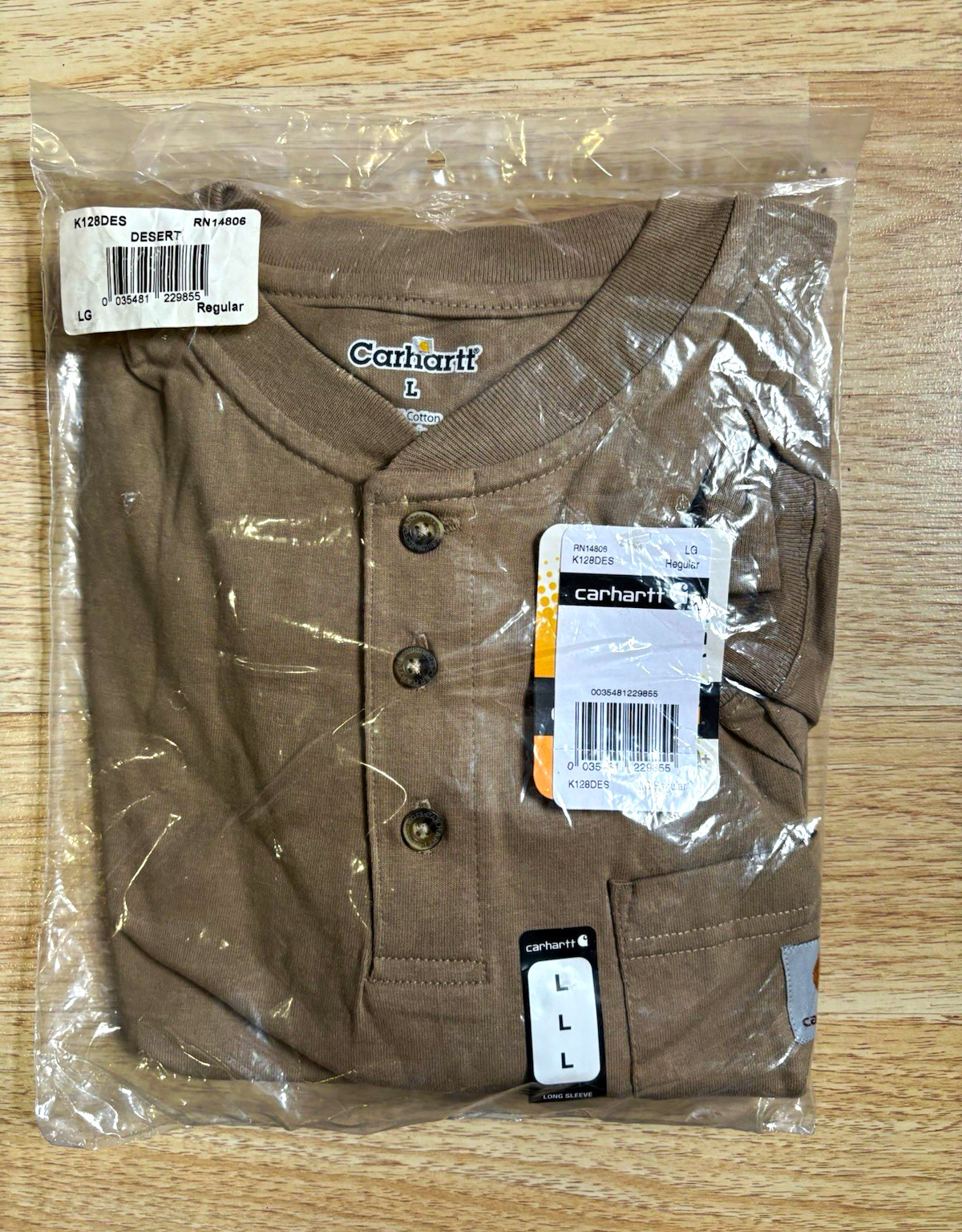 Carhartt K128 Men’s L Regular Brown Long Sleeve Henley Pocket T-Shirt