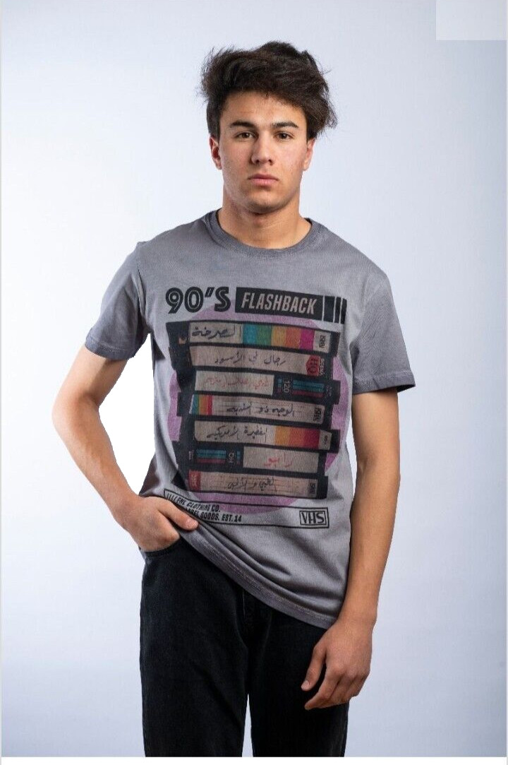90s Flashback VHS Cassettes T-shirt Large Gray Arabic FNL Original Label Goods