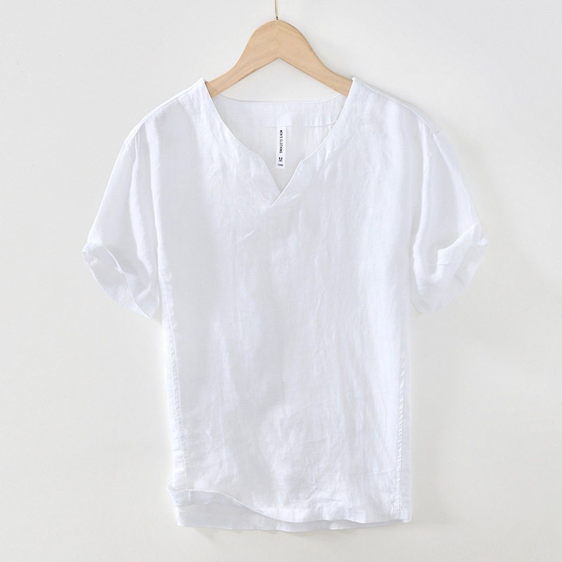 Mens Chinese Hanfu Casual Short Sleeved 100% Linen T-shirt Thin Shirt Retro Top
