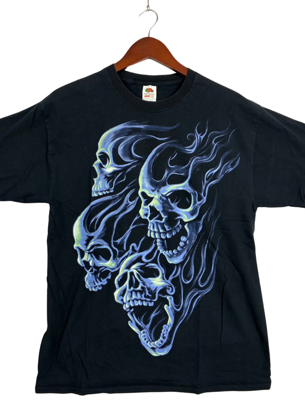 Y2K Flaming Skulls Graphic T Shirt Mens L Black Fruit of the Loom Heavy HD