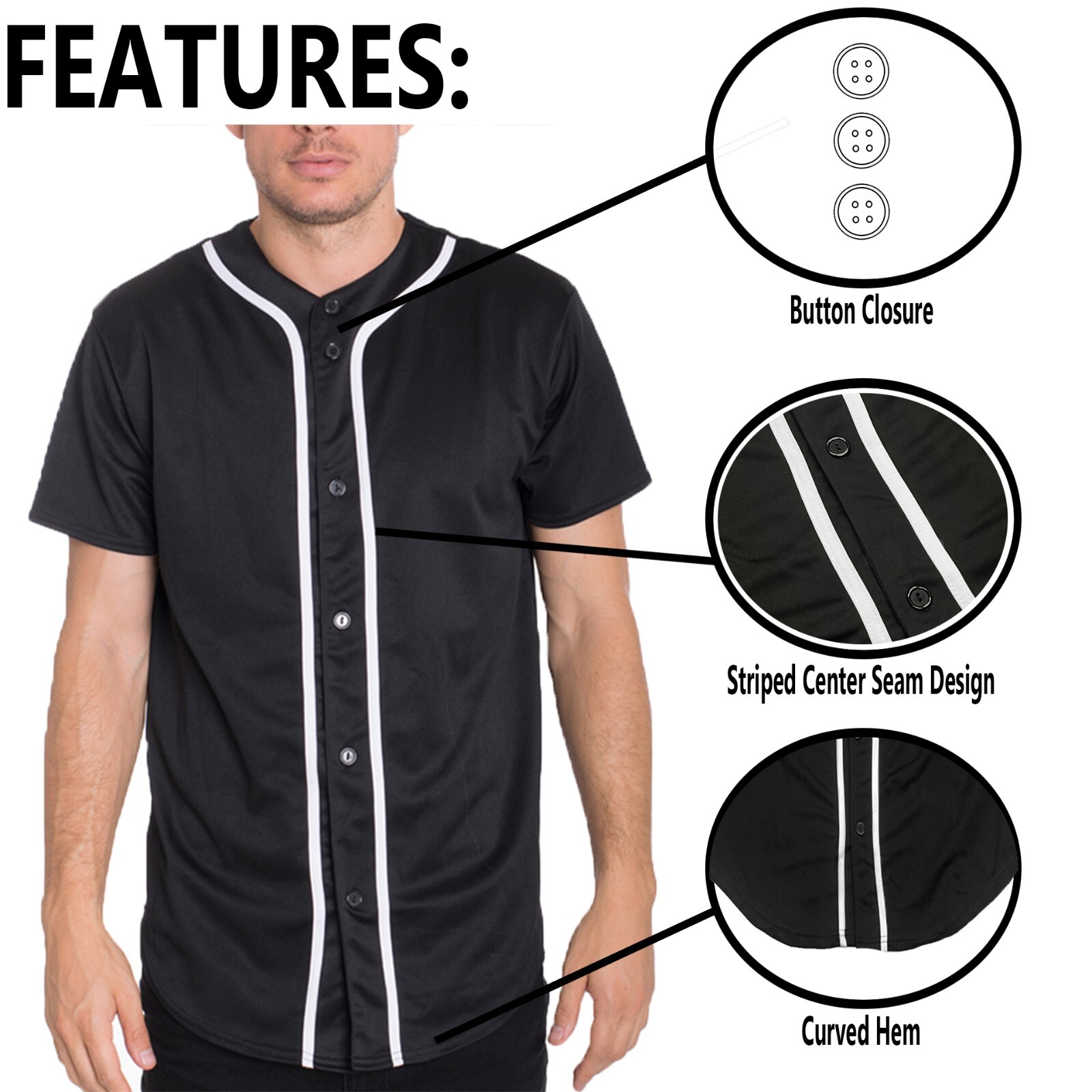 Mens Baseball JERSEY Polyester Plain TShirt Team Sport Button Fashion Tee Casual