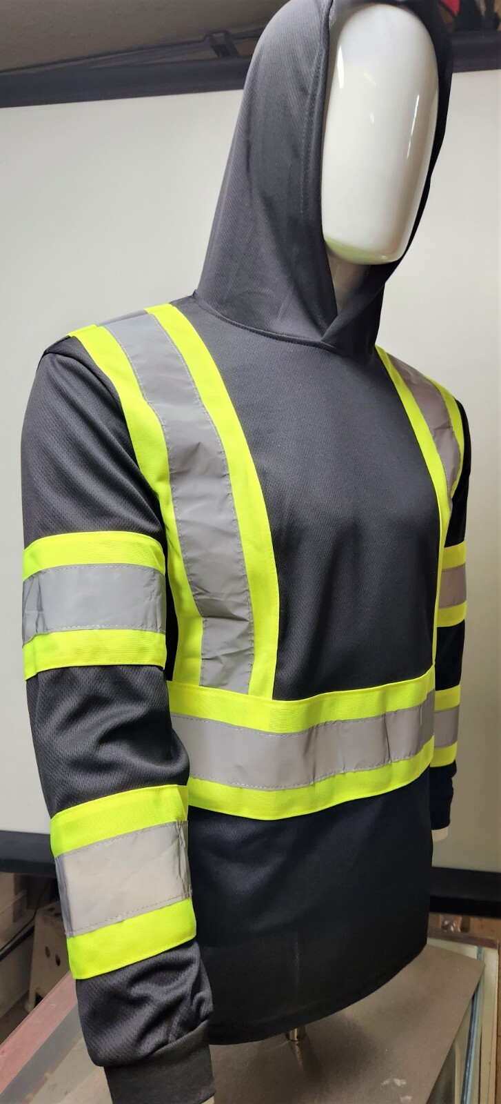 Black Long Sleeve Safety Shirt With Hoodie, Polyester Birdeye mesh Class 1