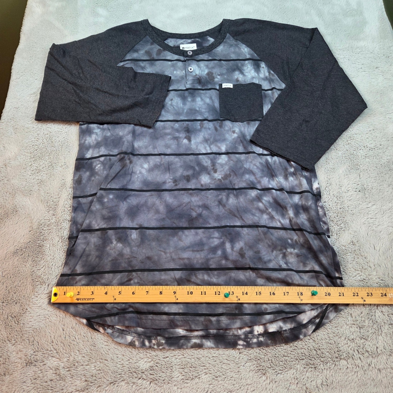 Matix Henley Shirt Mens XL Raglan 3/4 Sleeve Tie Dye Striped Cotton Pocket Grey