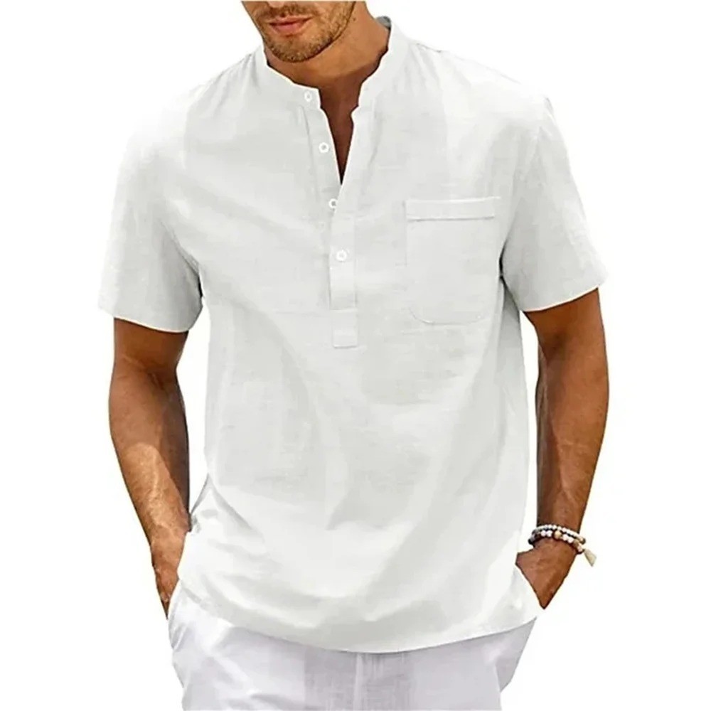 Men’s Cotton Linen Henley Shirt Casual Short Sleeve Beach Summer Top with Pocket