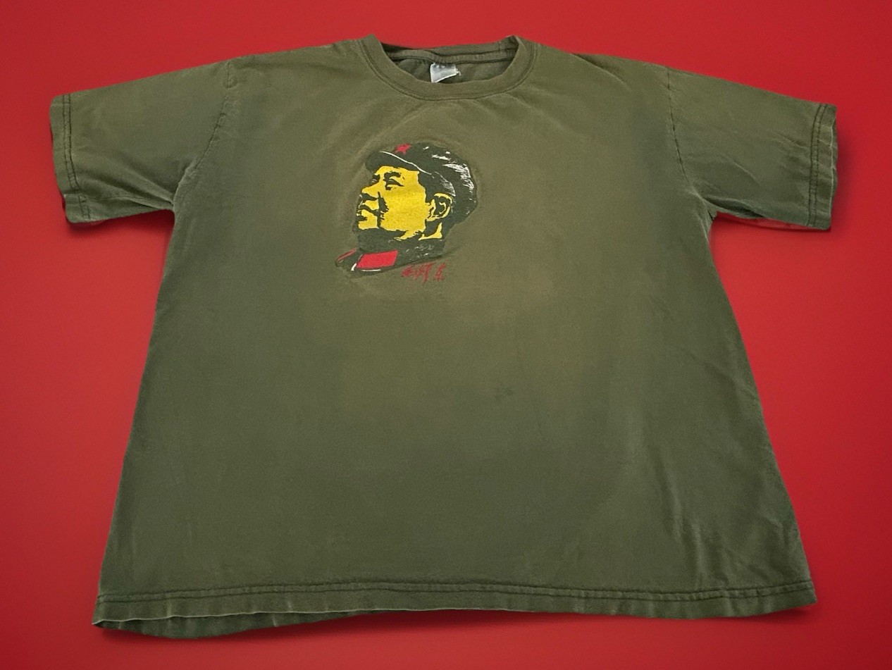 Vintage Chairman Mao Zedong Graphic T Shirt XL Green Chinese Characters China