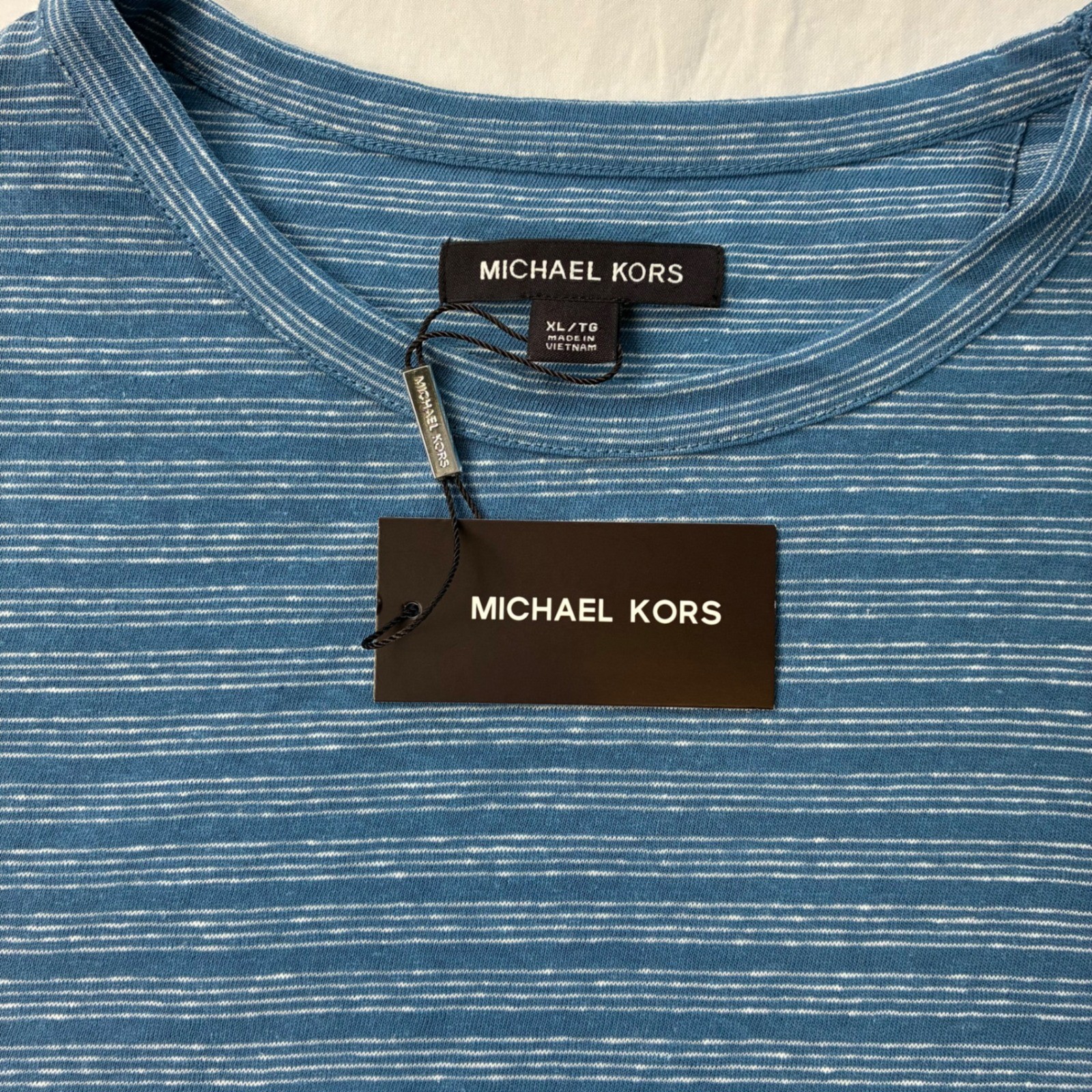 Michael Kors Mens Blue Striped Linen Cotton Blend Short Sleeve T-Shirt XL NWT