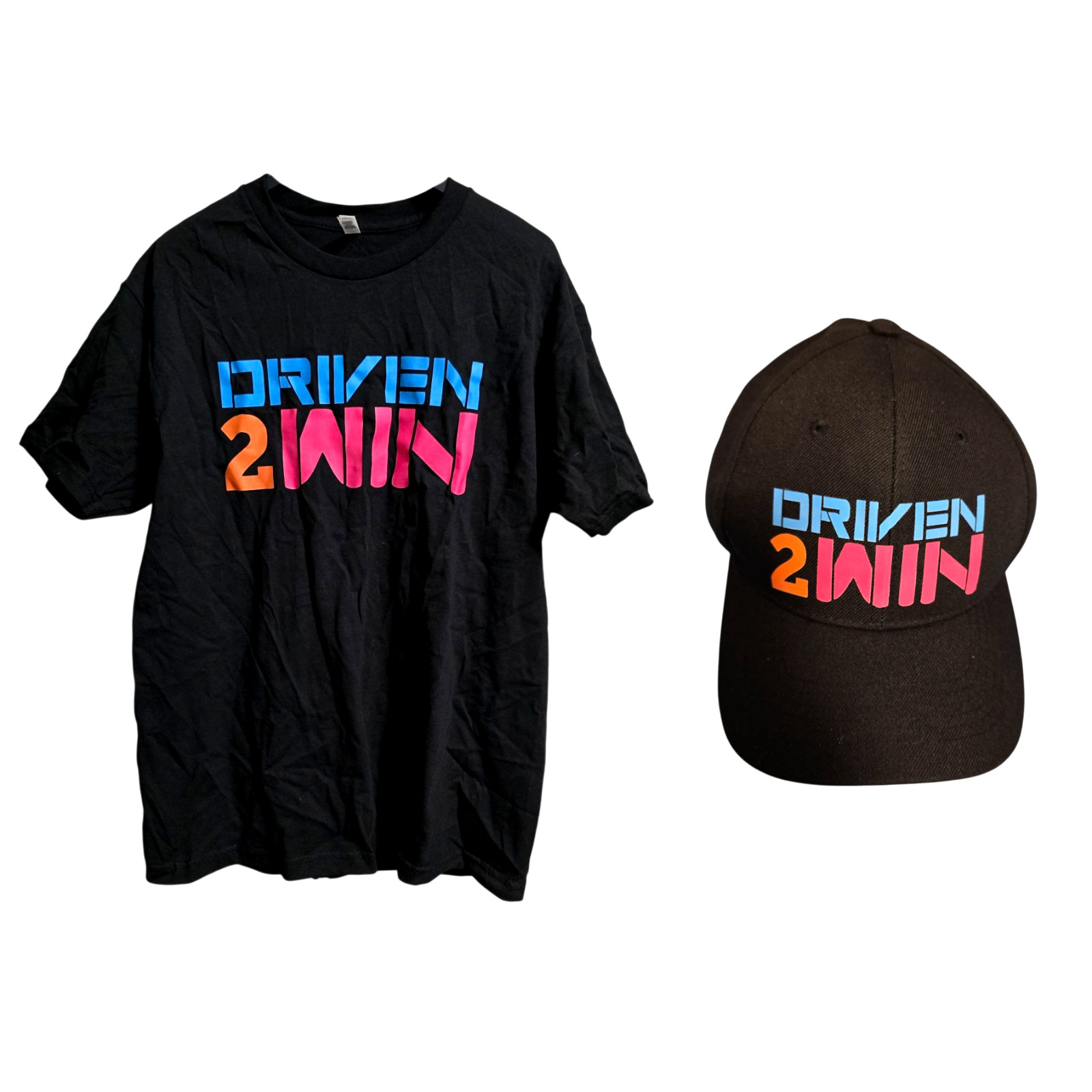 Driven 2 Win Men’s Black T-Shirt (Size L) & Baseball Cap (One size) Set