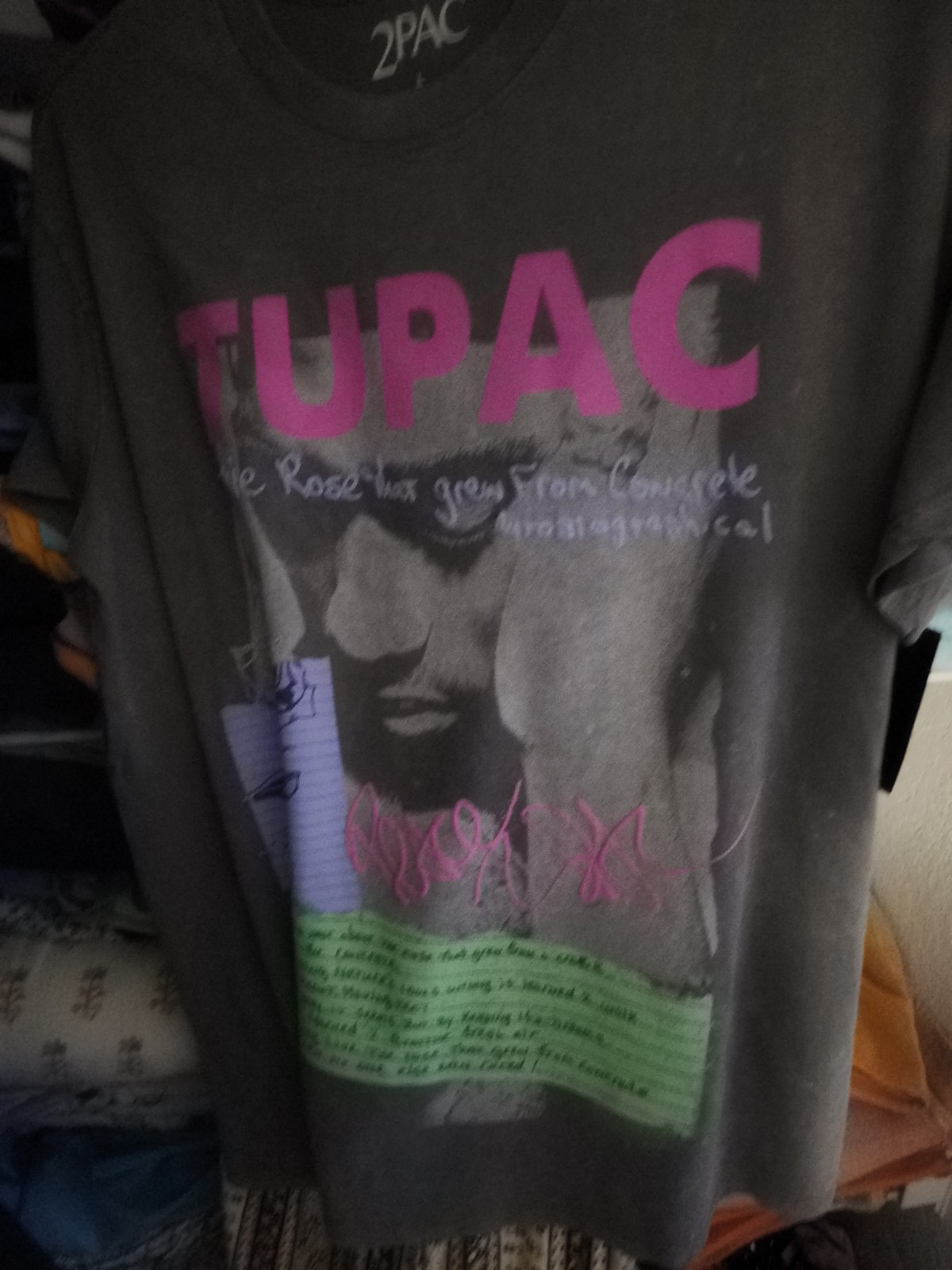 2PAC Tupac Graphic Print Crew Neck Short Sleeve T-Shirt L Gray Cotton Blend