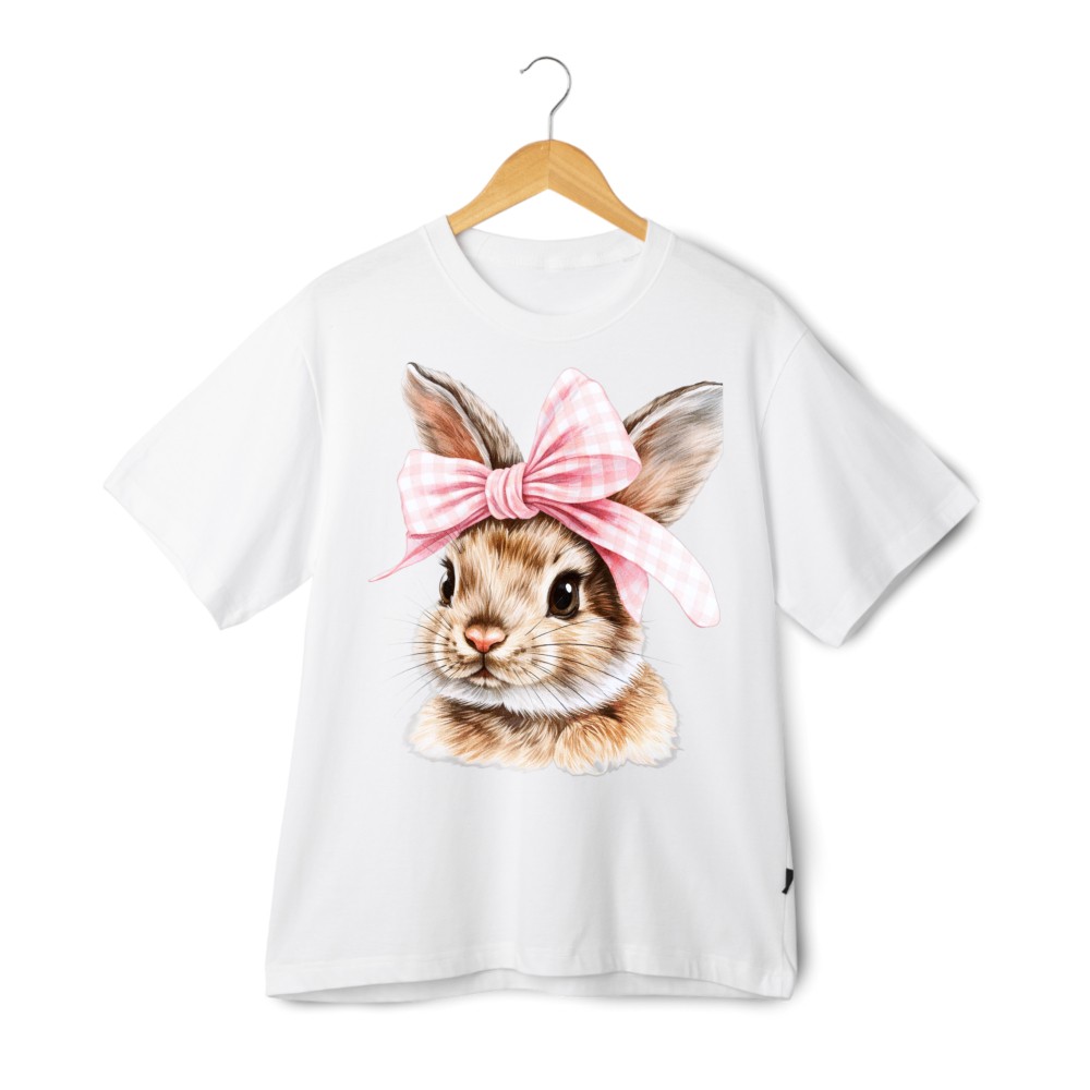 Adorable Bunny with Pink Bow T-Shirt, Sweet Easter Casual Tee for Men & Women