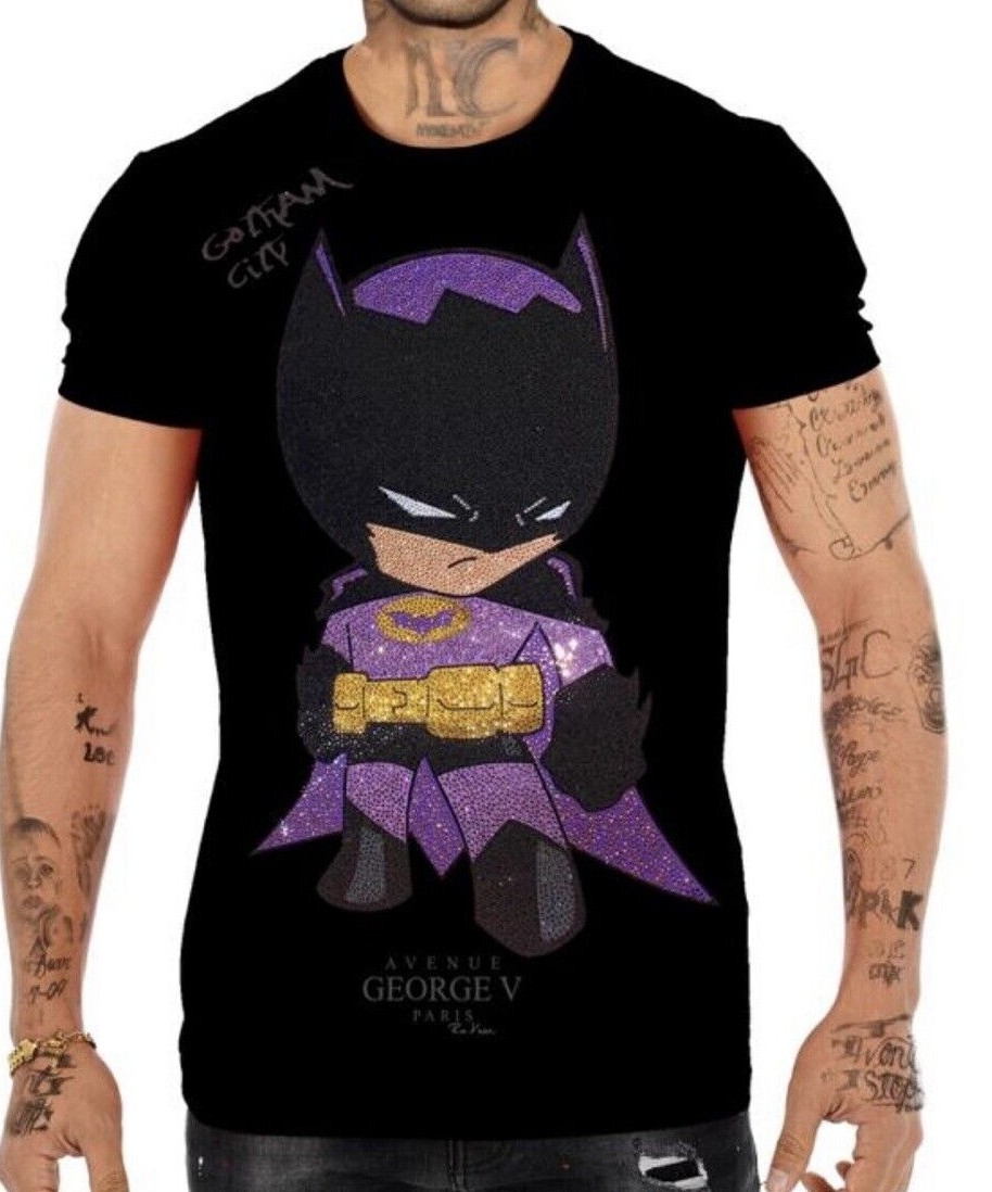 Avenue George V Paris T-Shirt Batman Black Tee Rhinestone L, M, XL, 2XL, 3XL