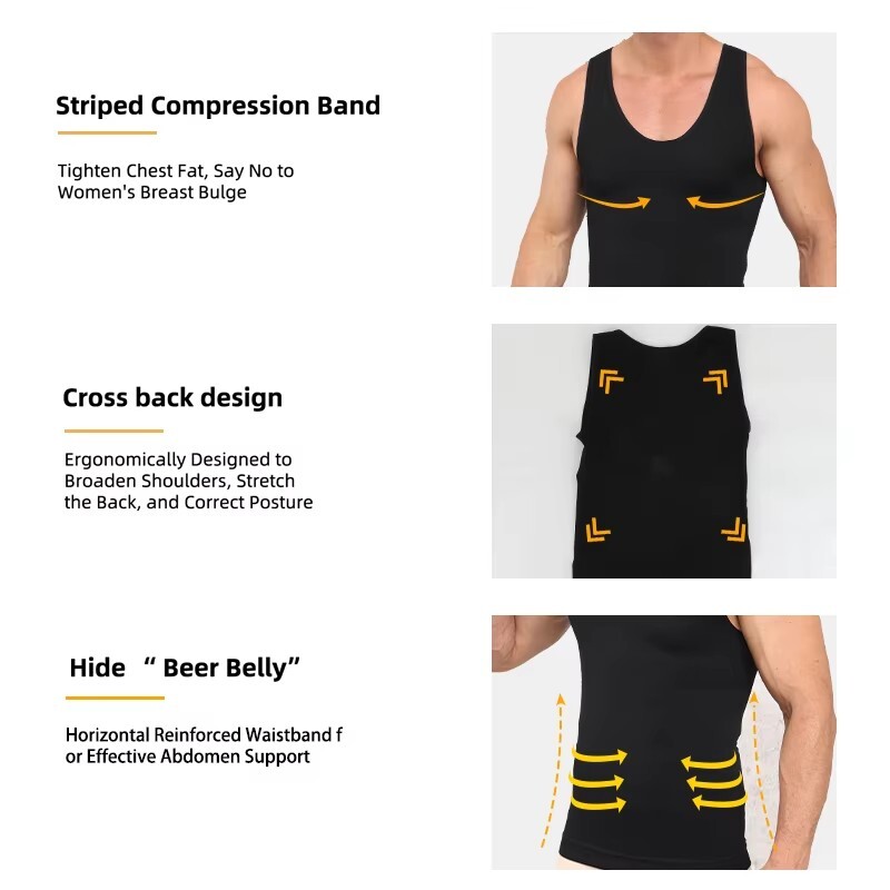 Men Compression Shirt Slimming Body Shaper Vest Waist Traner Cross Tummy Control