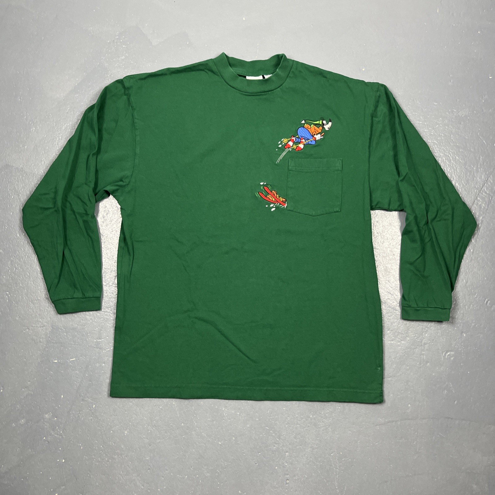 Vintage 90s Disney Goofy Skiing Embroidered LS Tshirt Green XL VTG Cartoon
