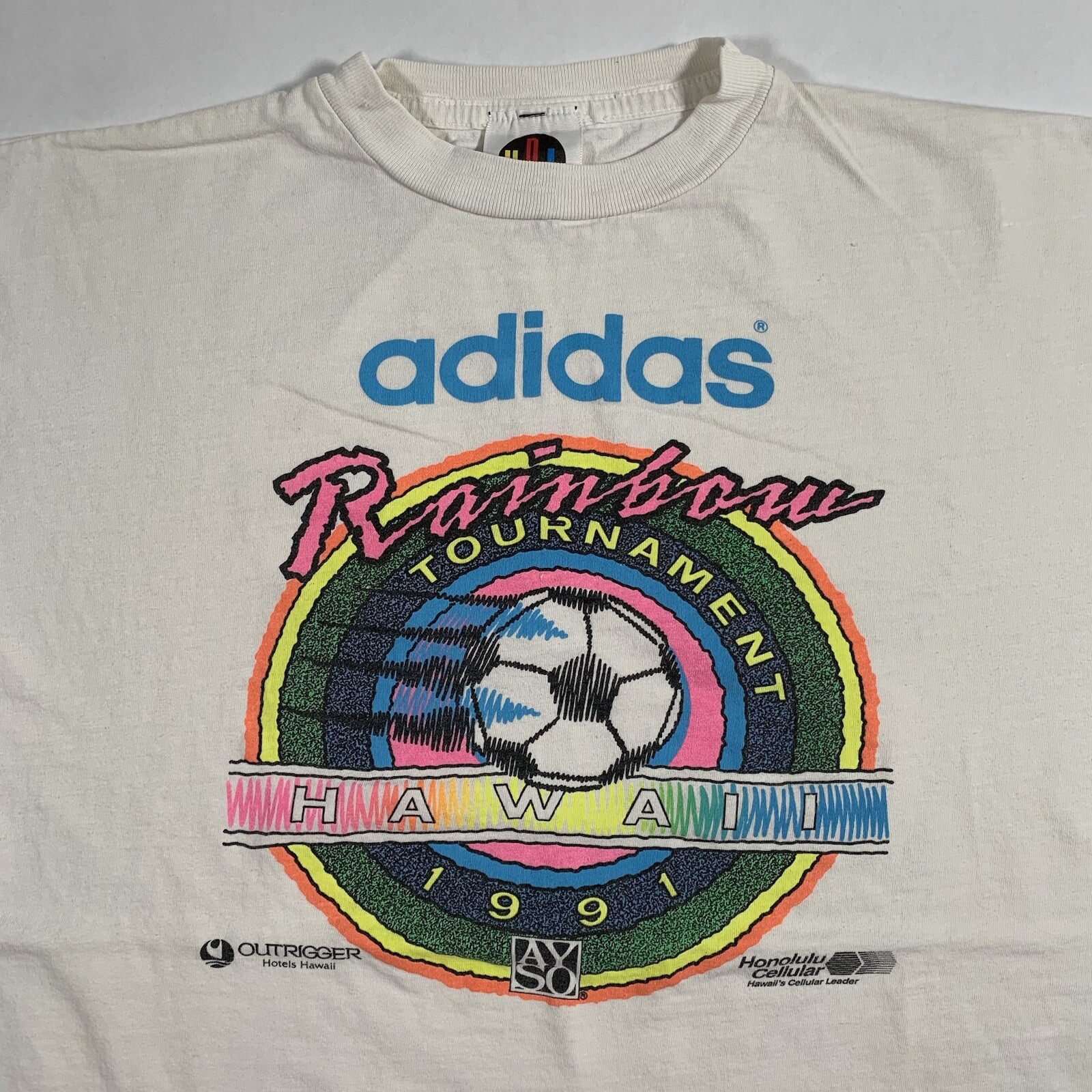VTG 90s Adidas Hawaii Rainbow Tournament T-Shirt Mens Large 1991 AYSO Soccer
