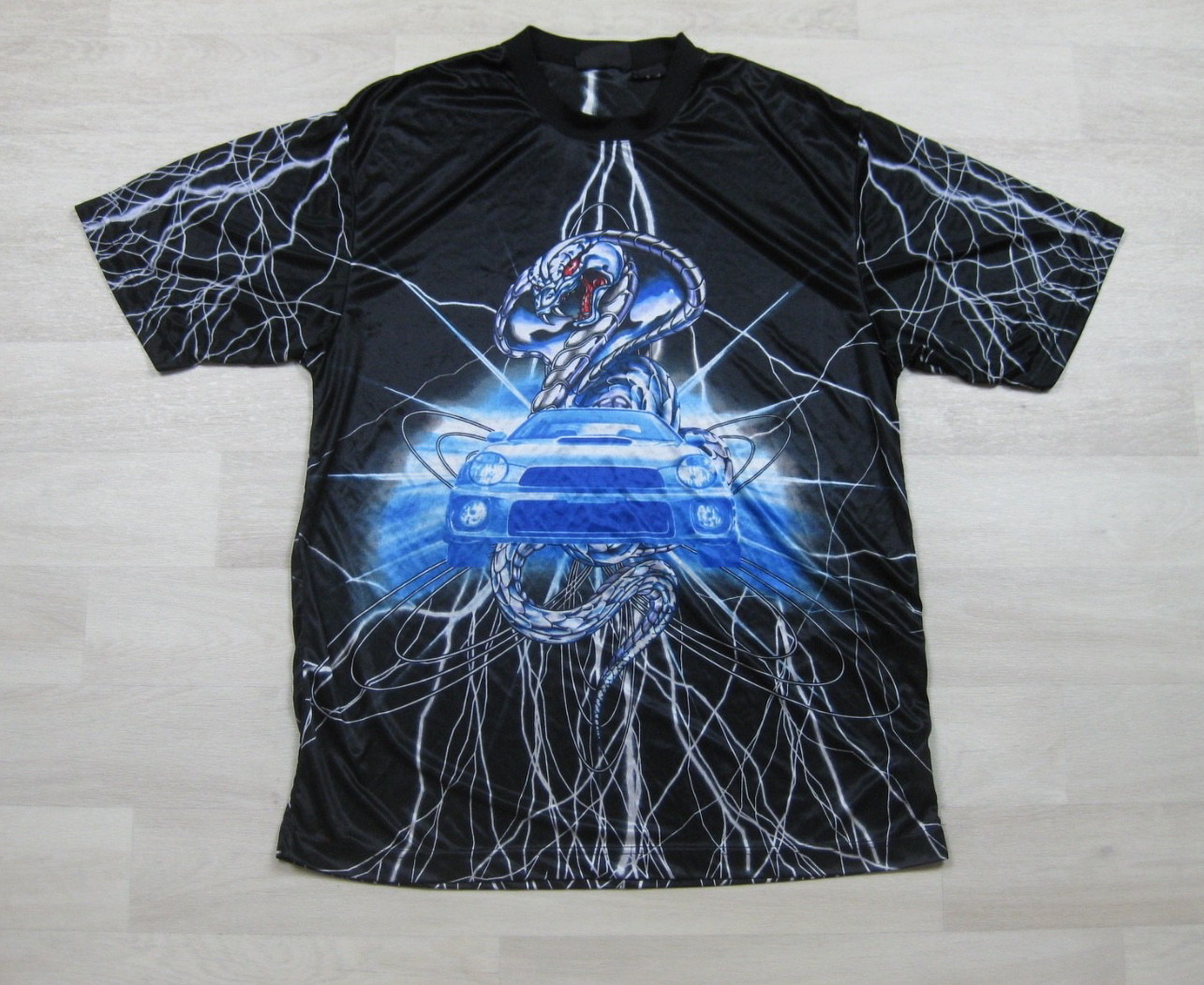 Vintage Y2K No Boundaries AOP Sheer Satin T Shirt Men’s (L) Car Cobra Lightening