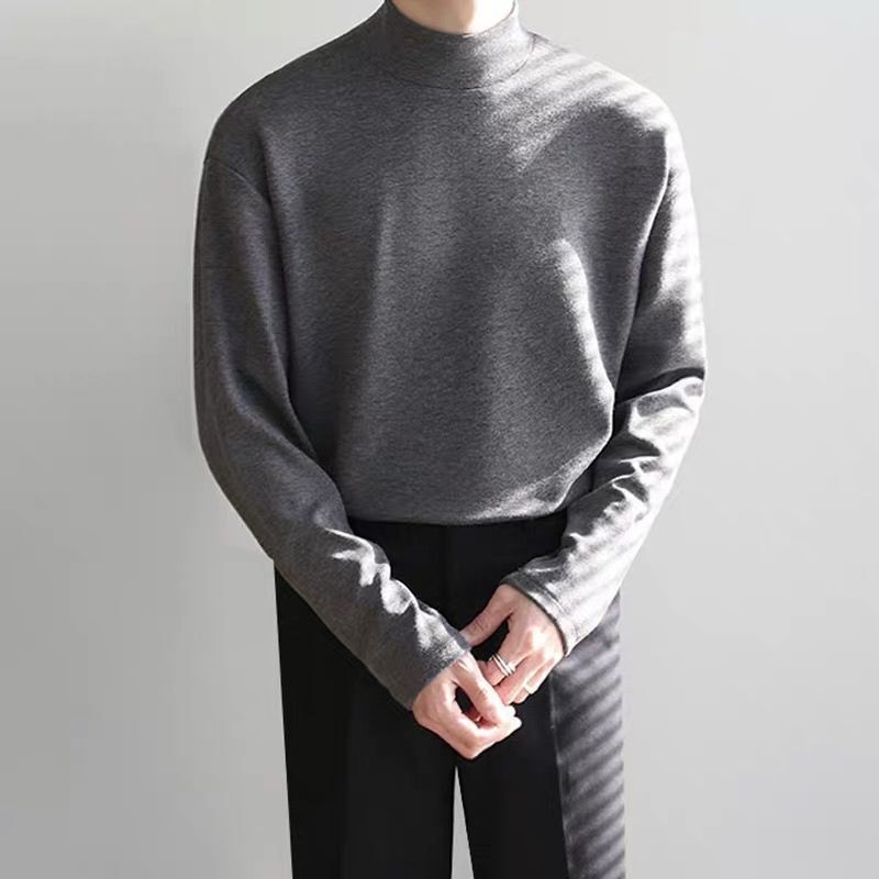 Men Long Sleeved Tee Thin T-Shirt Half Turtleneck Loose Crewneck Top