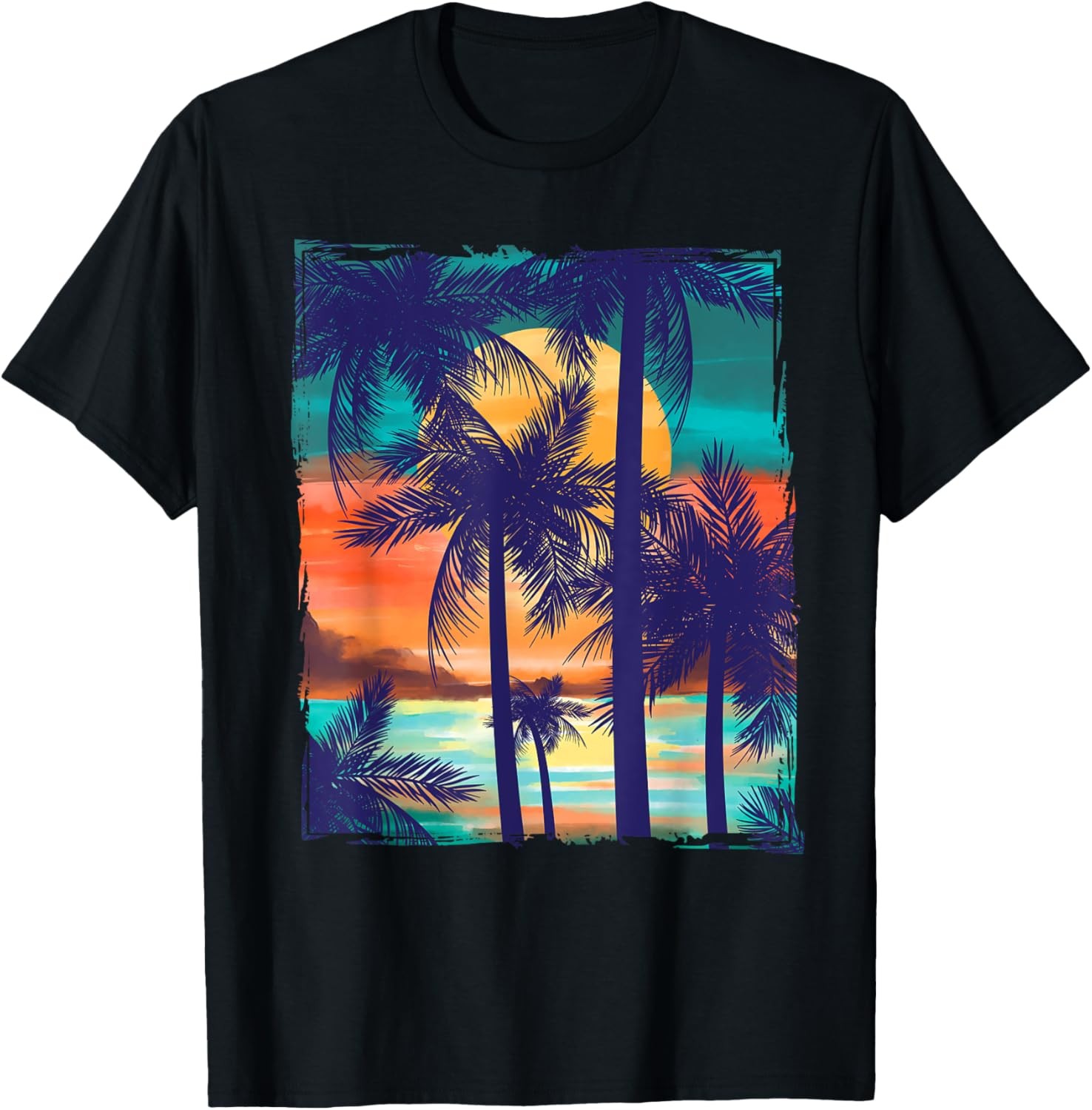 Orange and aqua sunset with silhouetted palm trees T-Shirt