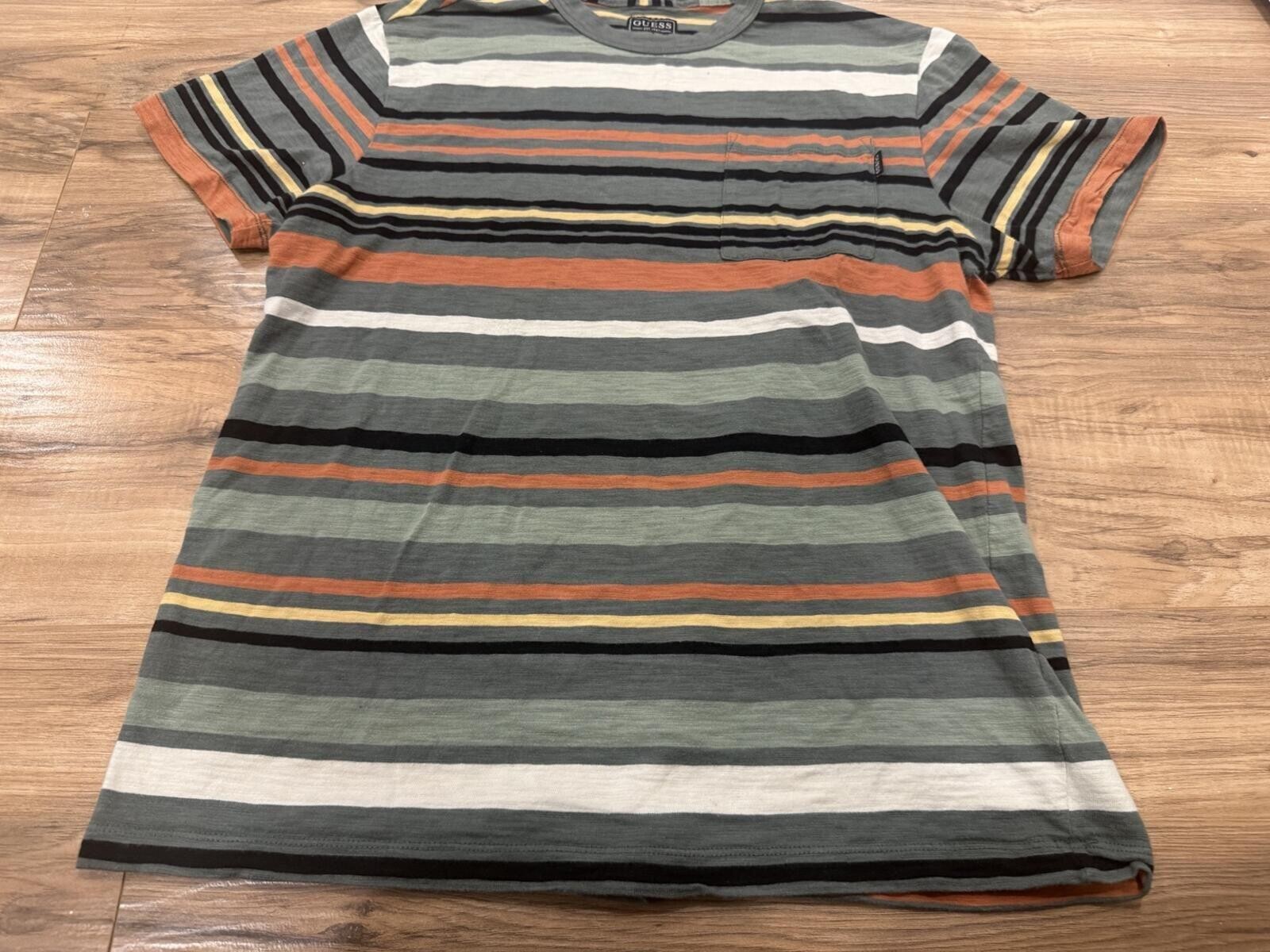 Guess Original Design Striped Pocket T Shirt Mens Small Green Orange Cotton Tee
