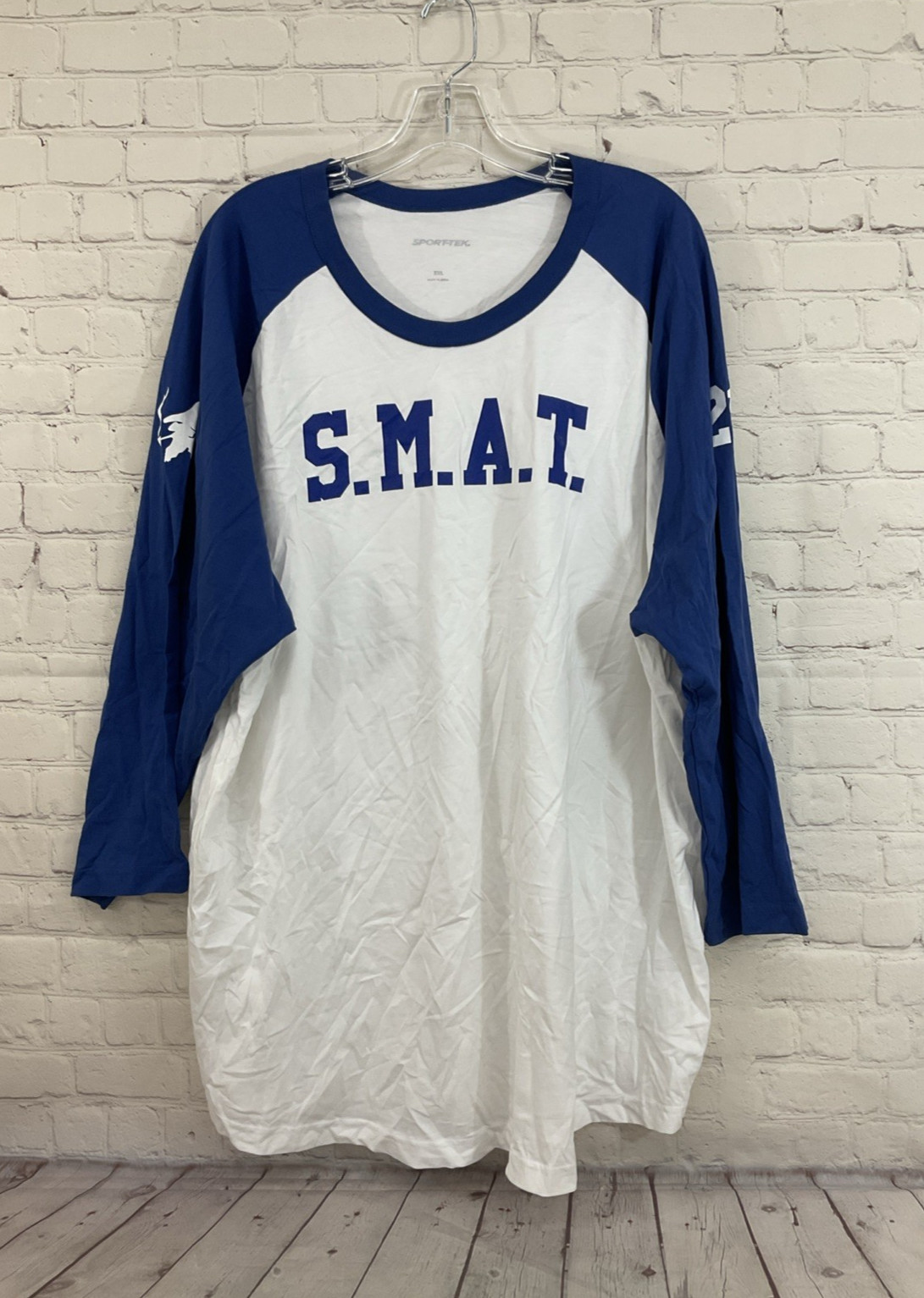 Sport-Tek Adult 100% Cotton Rogers Mountie SMAT 3/4 Sleeve Shirt Blue White XXXL